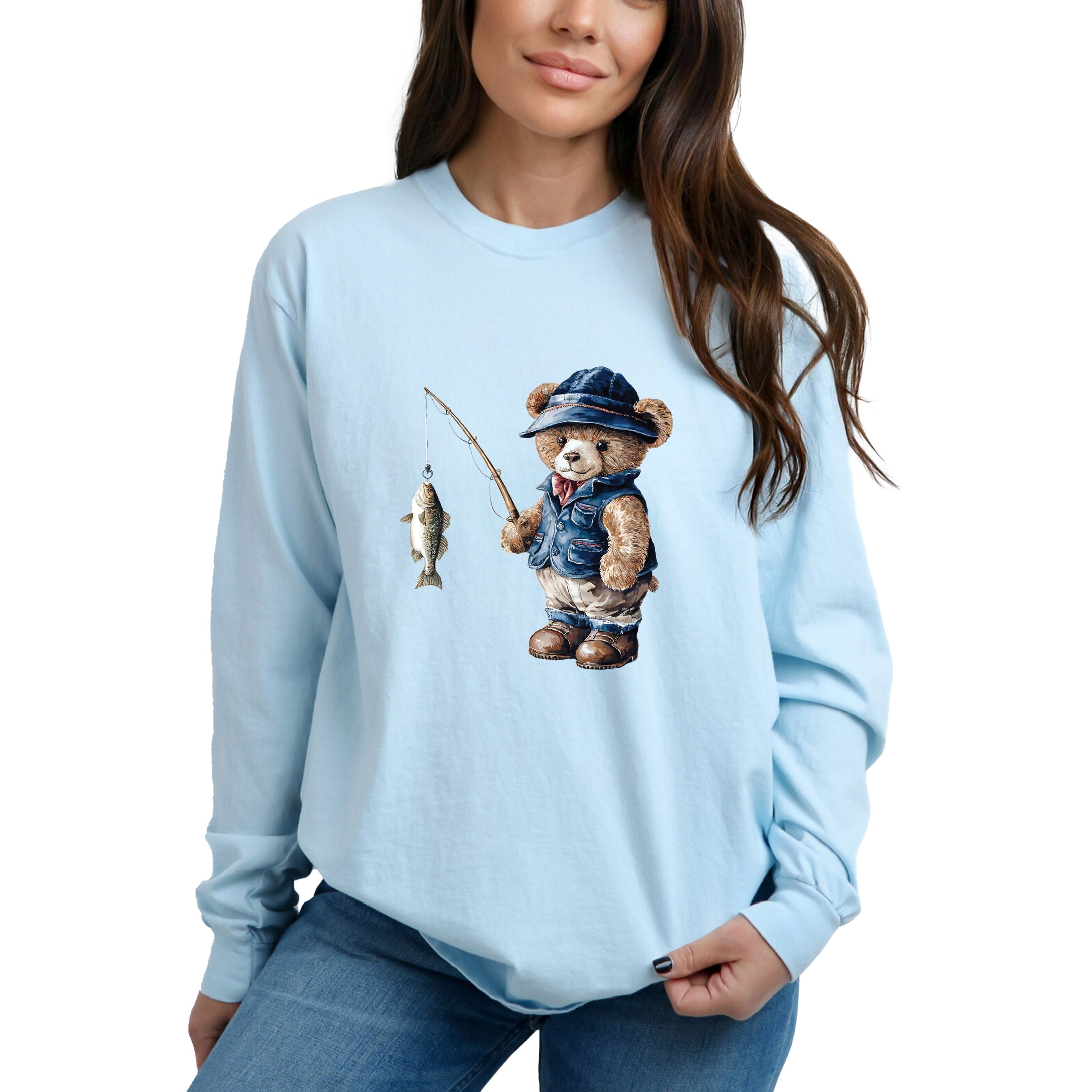 Teddy Bear Fisherman - Womens Garment Dyed Long Sleeve