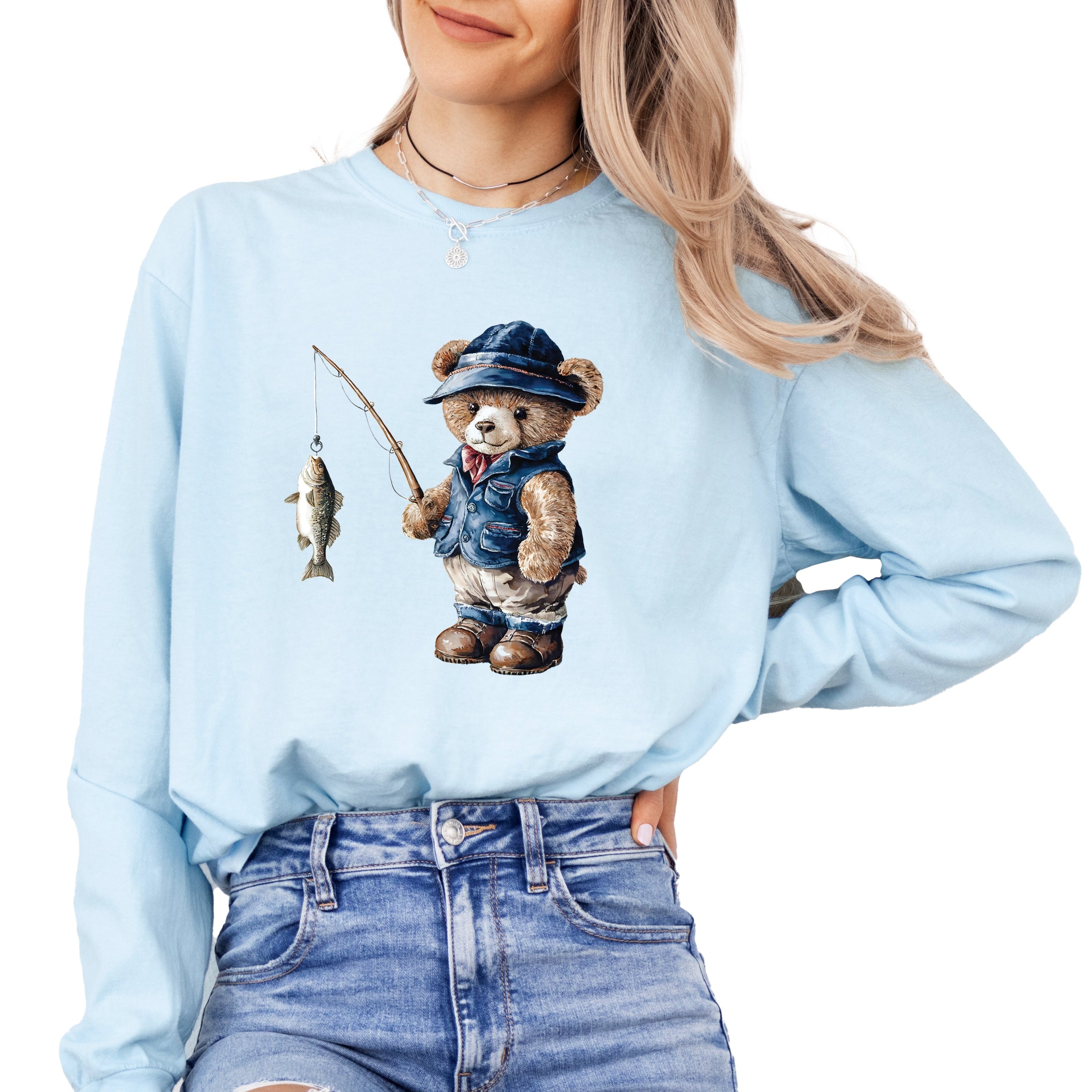 Teddy Bear Fisherman - Womens Garment Dyed Long Sleeve