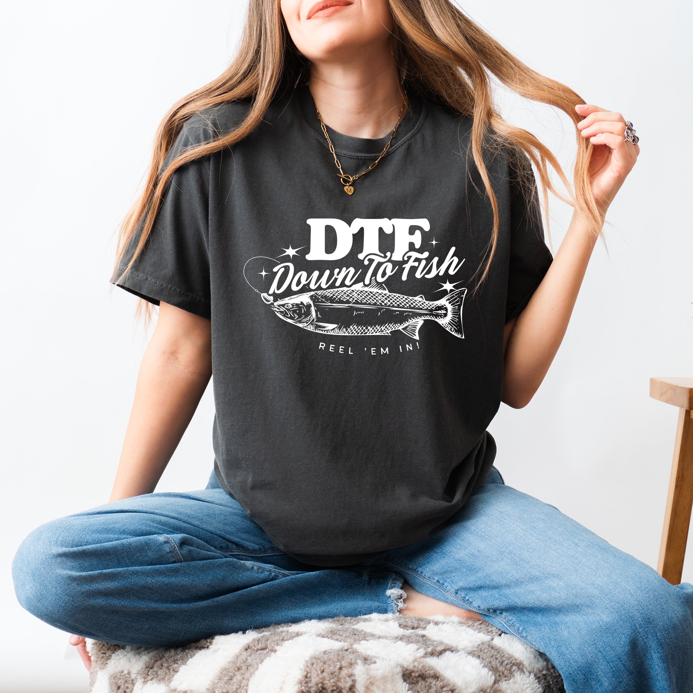 DTF Down To Fish - Women's Garment Dyed Graphic T-Shirt
