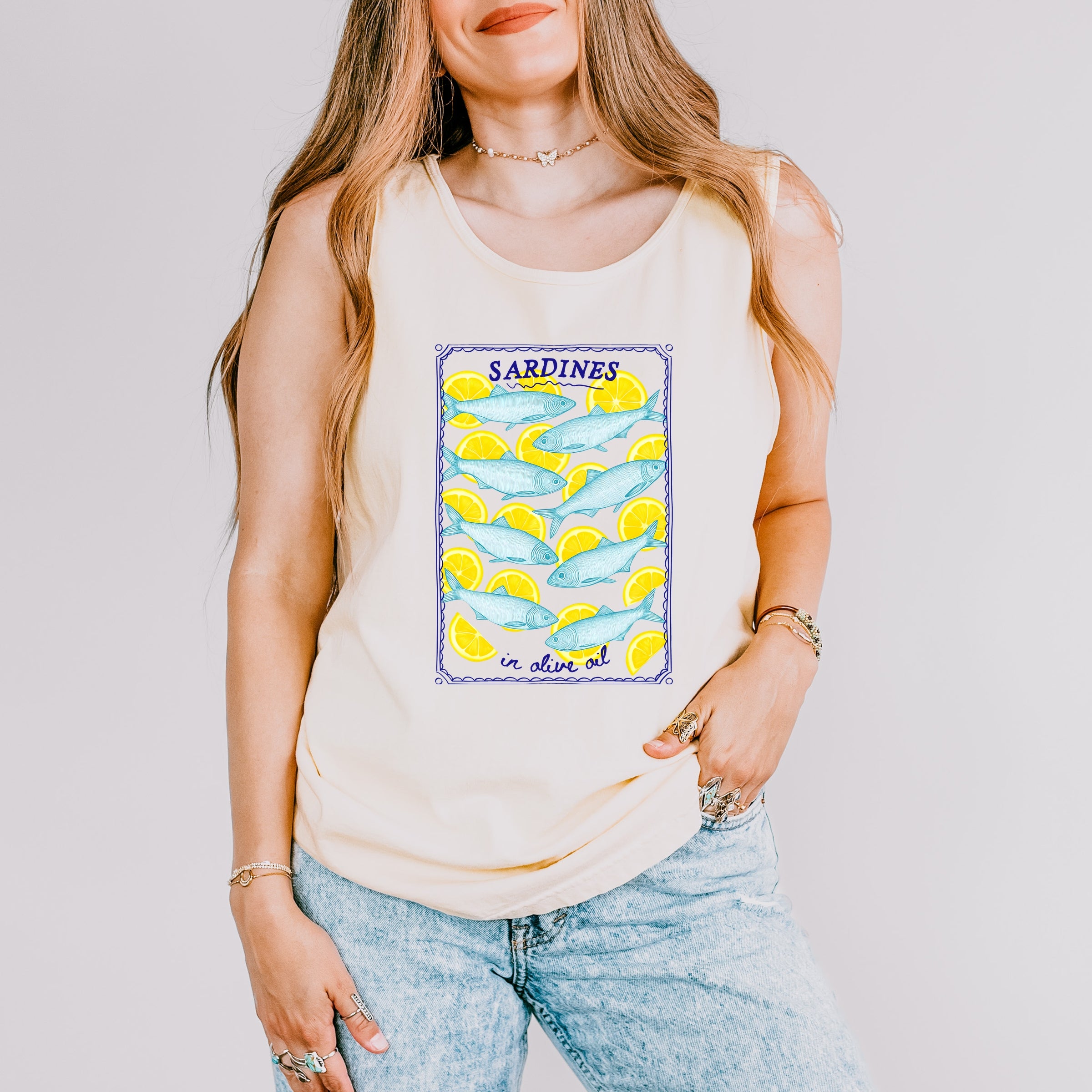 Sardines In Olive Oil - Womens Garment Dyed Graphic Tank Top