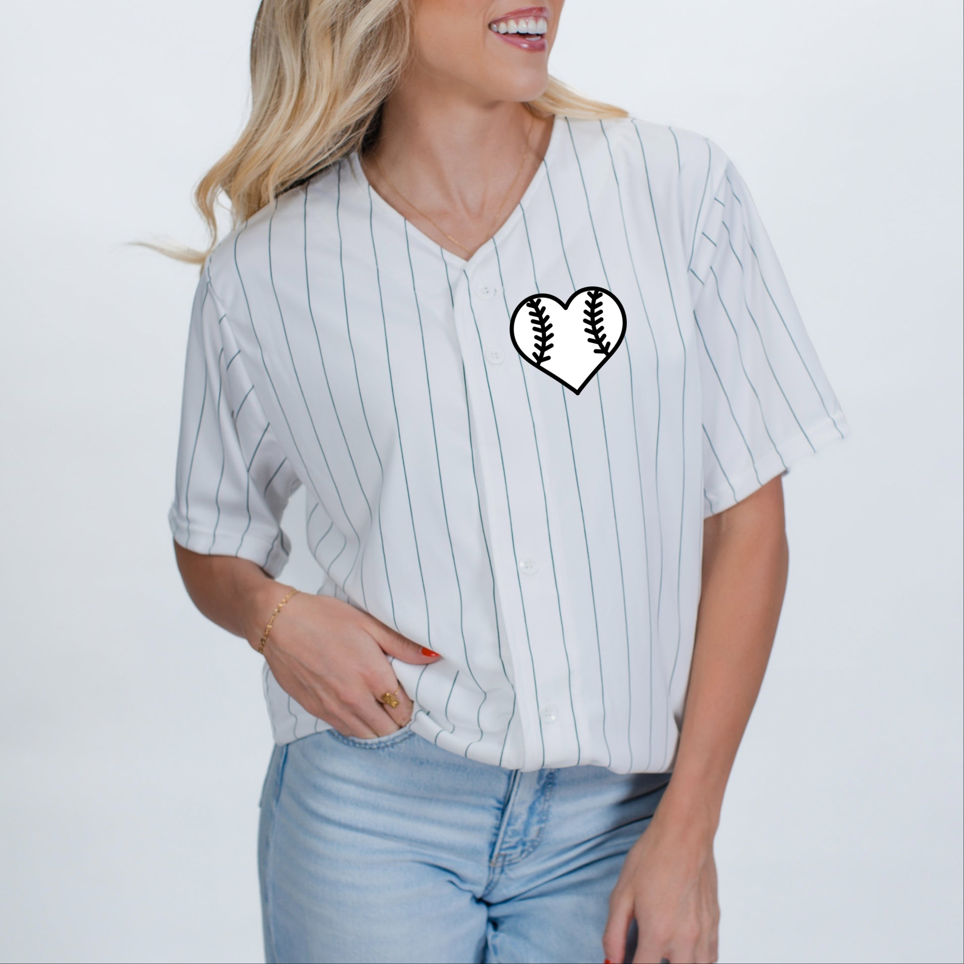 Mama Jersey Heart  - Womens Striped Baseball Jersey