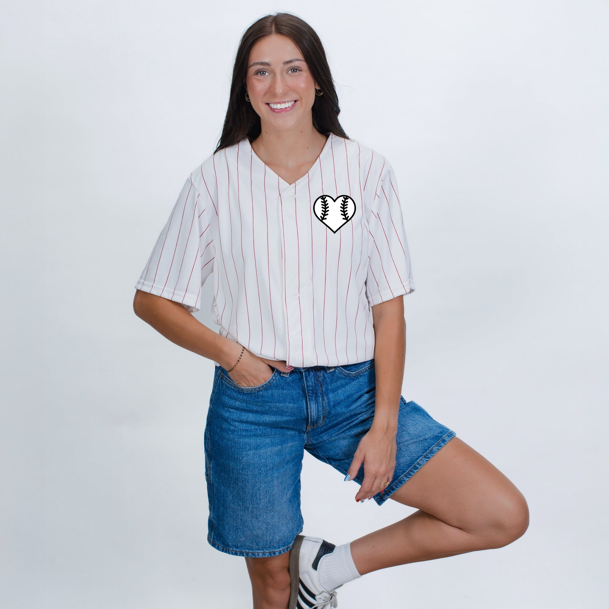 Mama Jersey Heart  - Womens Striped Baseball Jersey