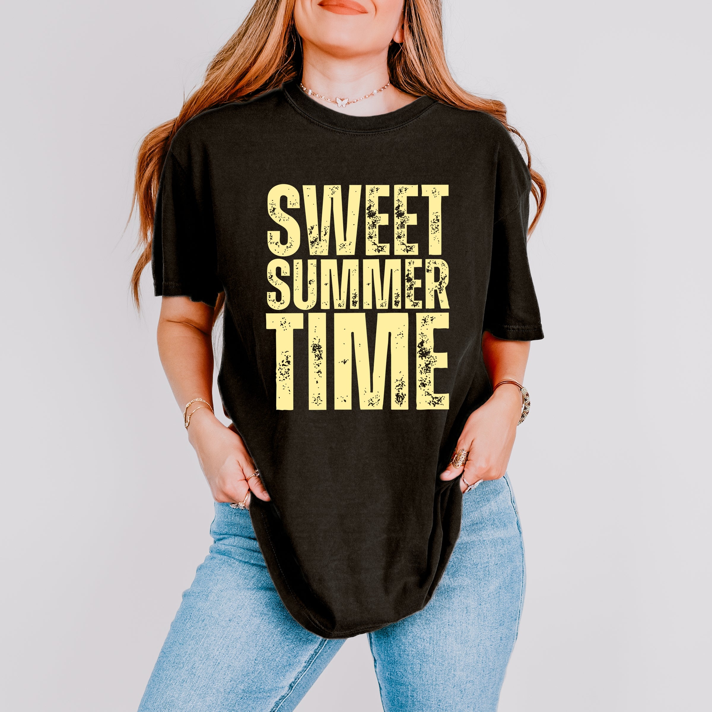 Sweet Summer Time Block Distressed - Women's Garment Dyed Graphic T-Shirt
