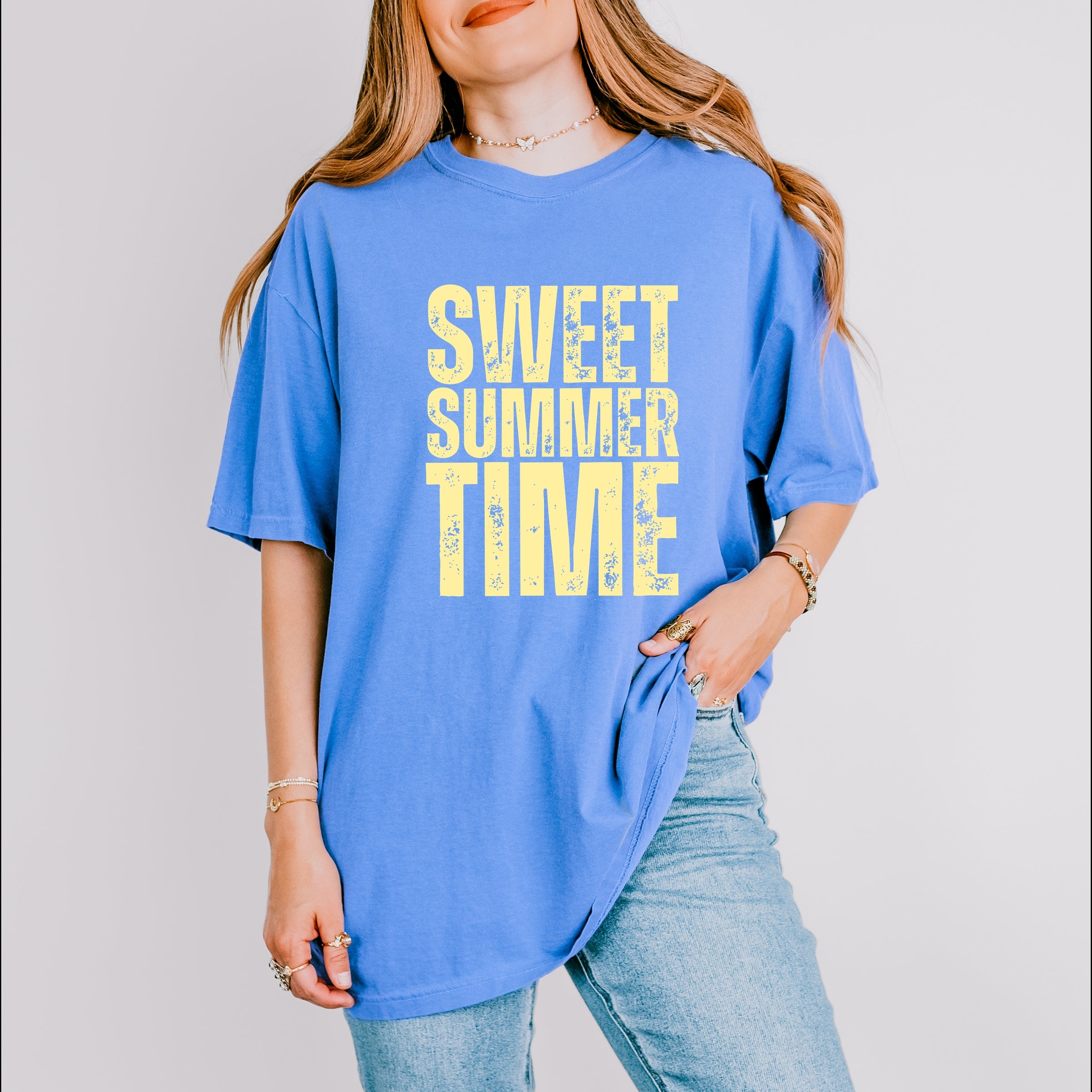 Sweet Summer Time Block Distressed - Women's Garment Dyed Graphic T-Shirt