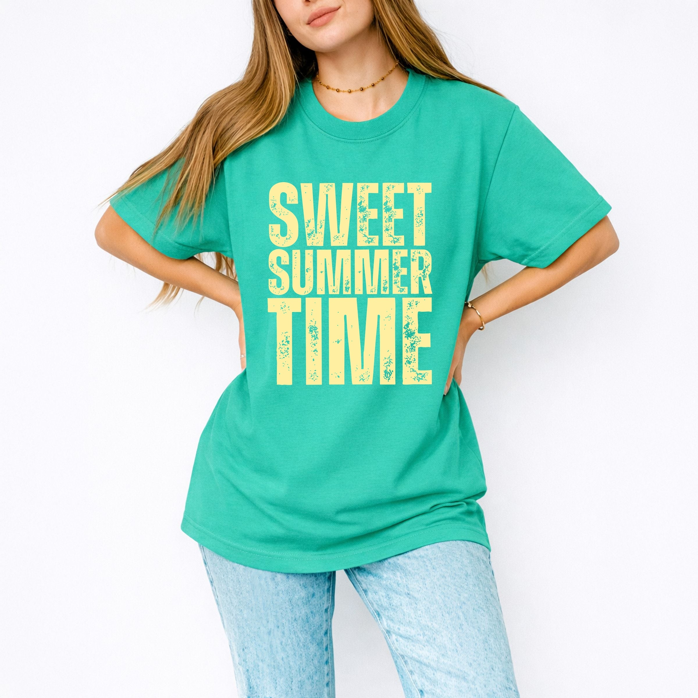 Sweet Summer Time Block Distressed - Women's Garment Dyed Graphic T-Shirt