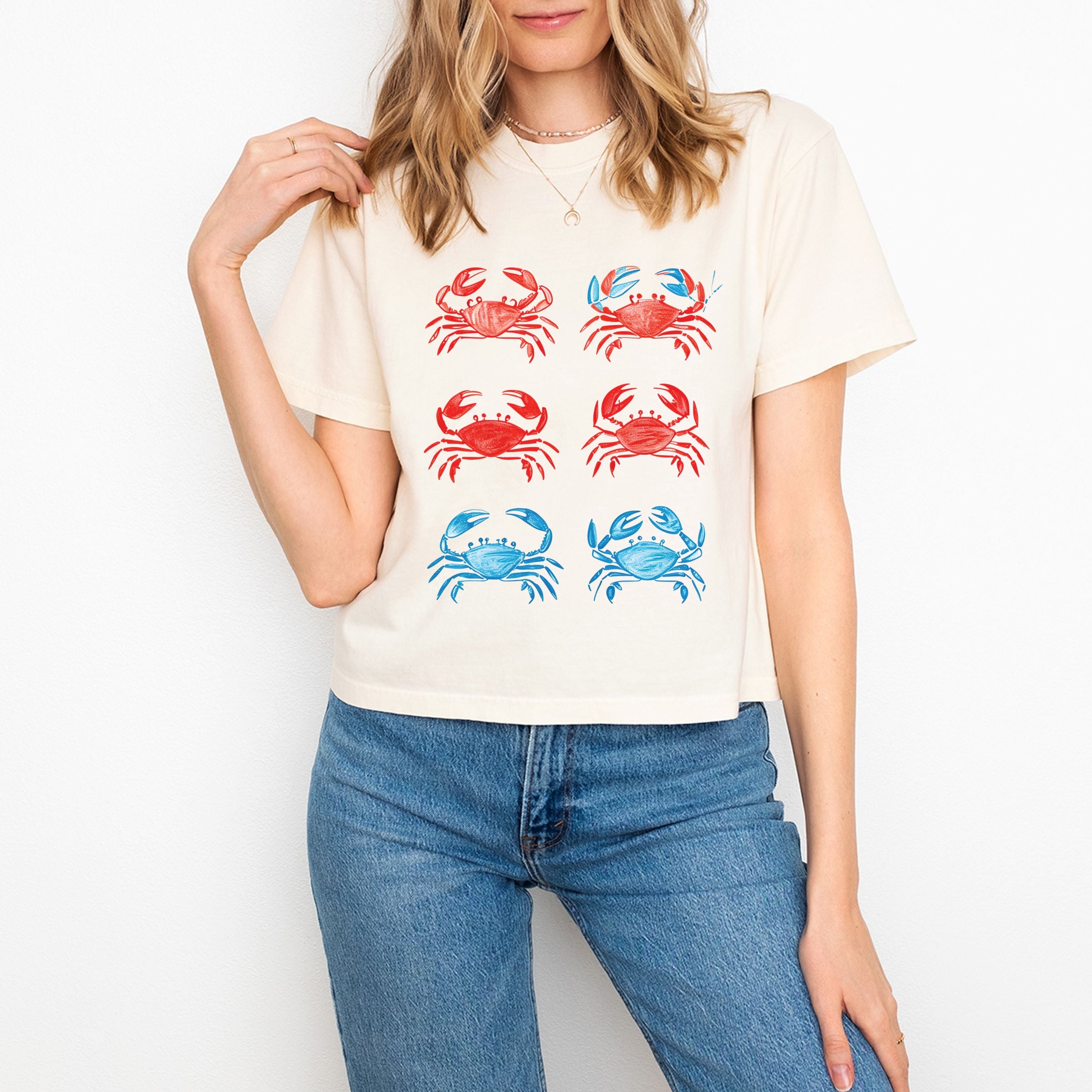 Six Crabs Sketched - Women's Boxy Crop Top Graphic T-Shirt
