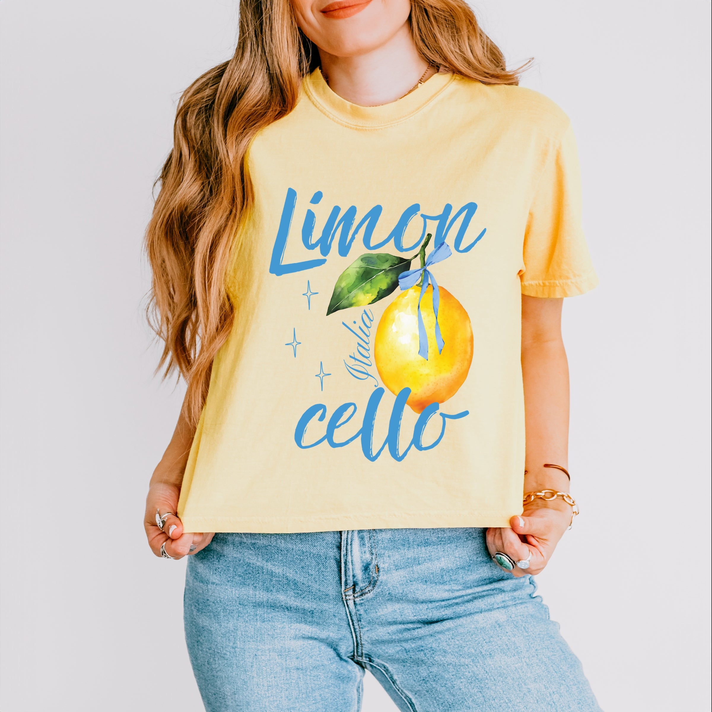 Limoncello Watercolor - Women's Boxy Crop Top Graphic T-Shirt