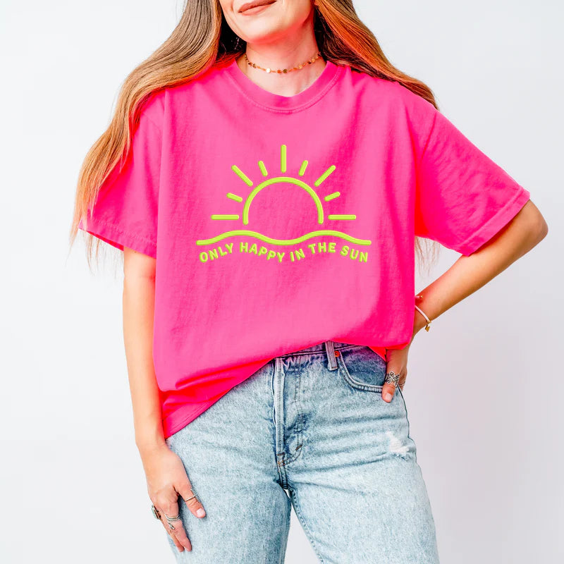 Only Happy In The Sun Puff Print - Women's Garment Dyed Graphic T-Shirt