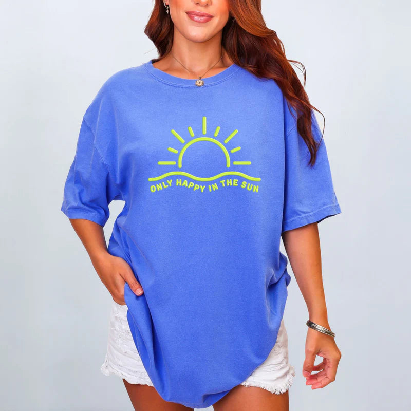 Only Happy In The Sun Puff Print - Women's Garment Dyed Graphic T-Shirt