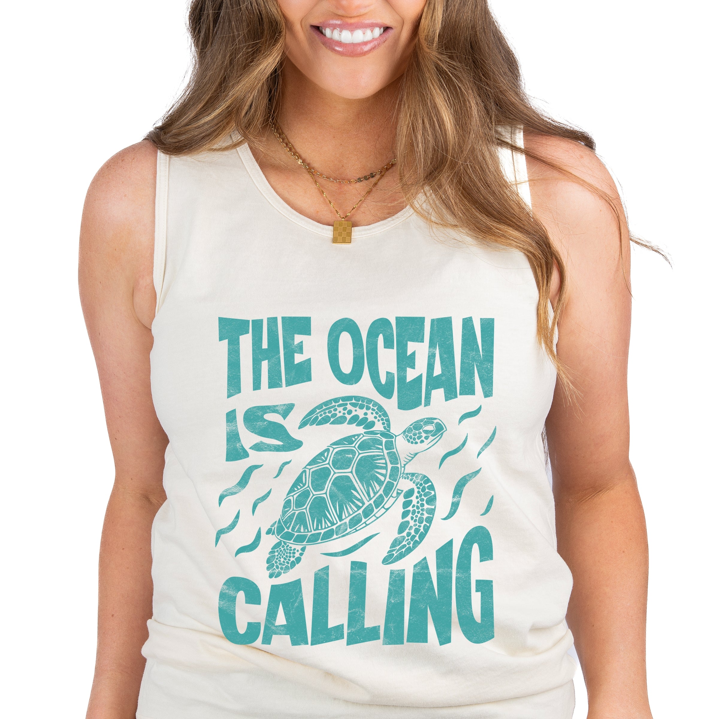 The Ocean Is Calling Turtle - Women's Garment Dyed Graphic Tank Top