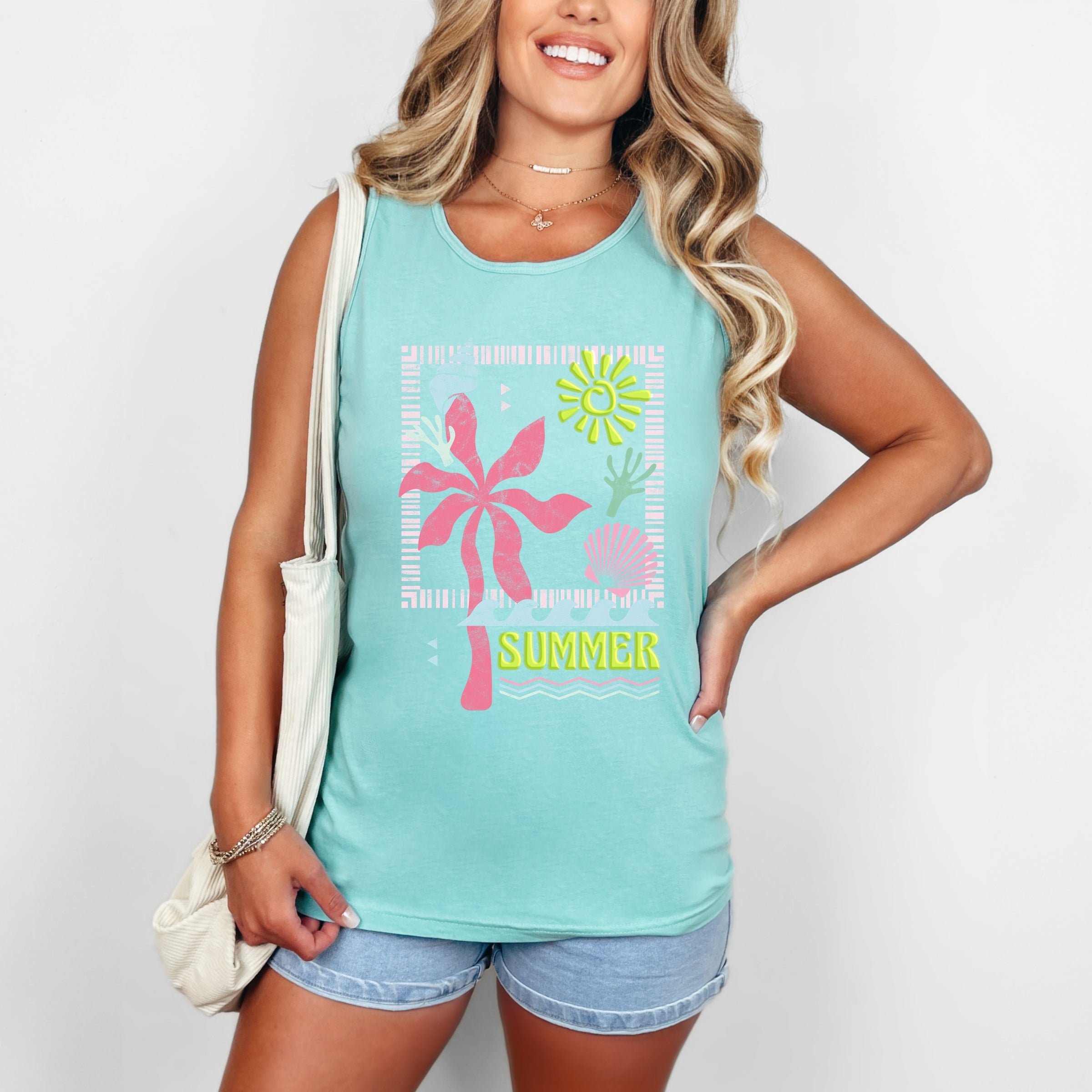 Summer Icons Colorful Puff Print - Women's Garment Dyed Graphic Tank Top
