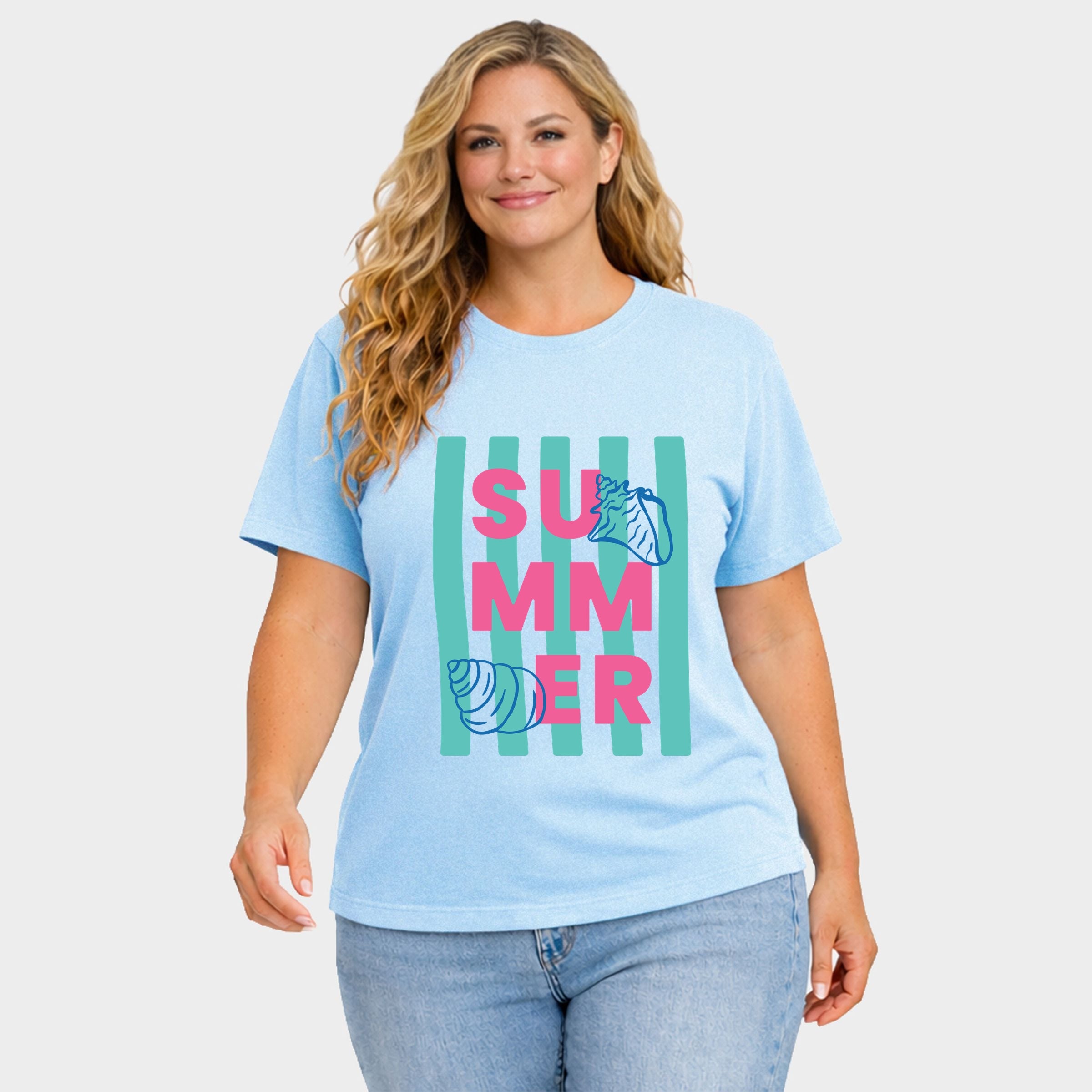 Summer Stripes Seashells - Women's Plus Sized Garment Dyed Graphic T-Shirt