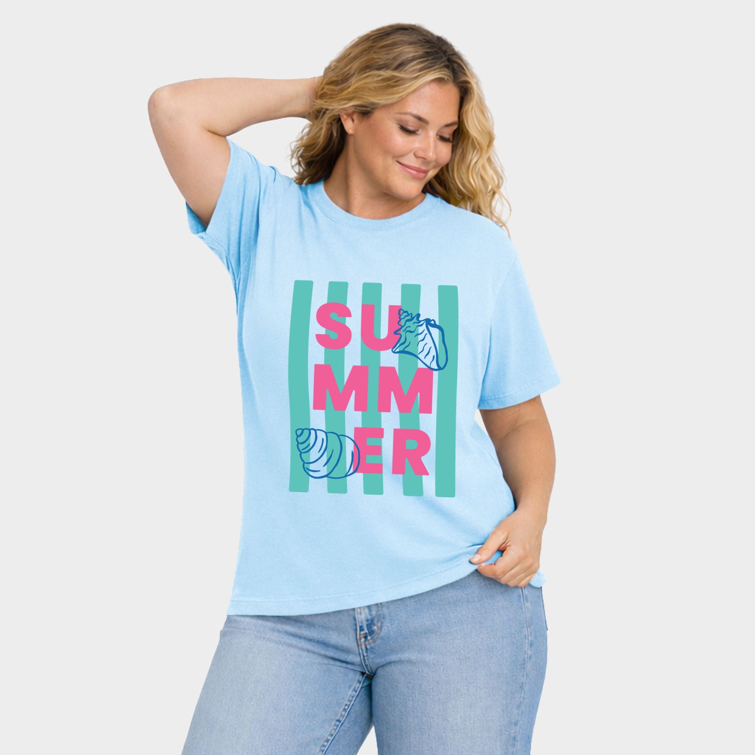 Summer Stripes Seashells - Women's Plus Sized Garment Dyed Graphic T-Shirt