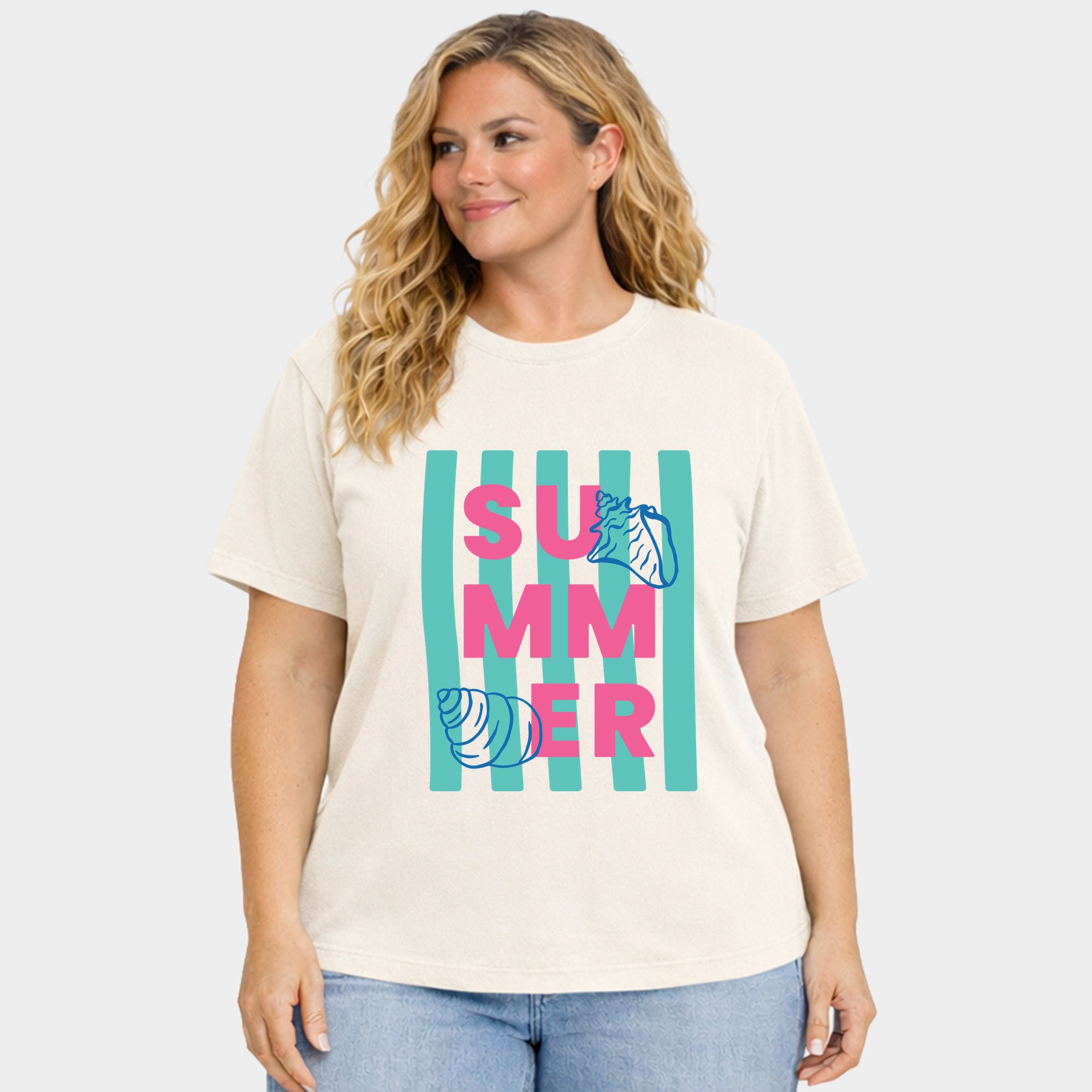 Summer Stripes Seashells - Women's Plus Sized Garment Dyed Graphic T-Shirt