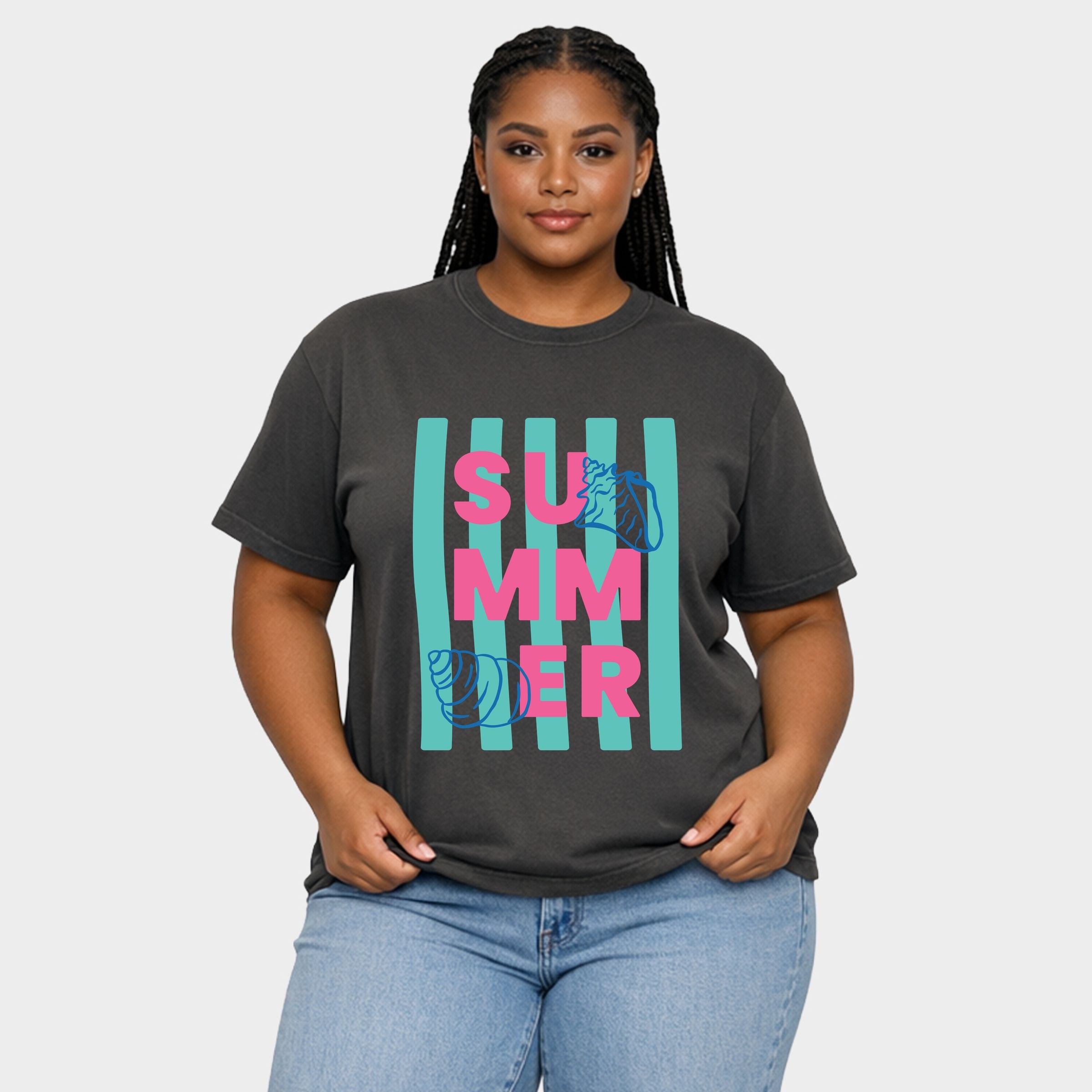 Summer Stripes Seashells - Women's Plus Sized Garment Dyed Graphic T-Shirt