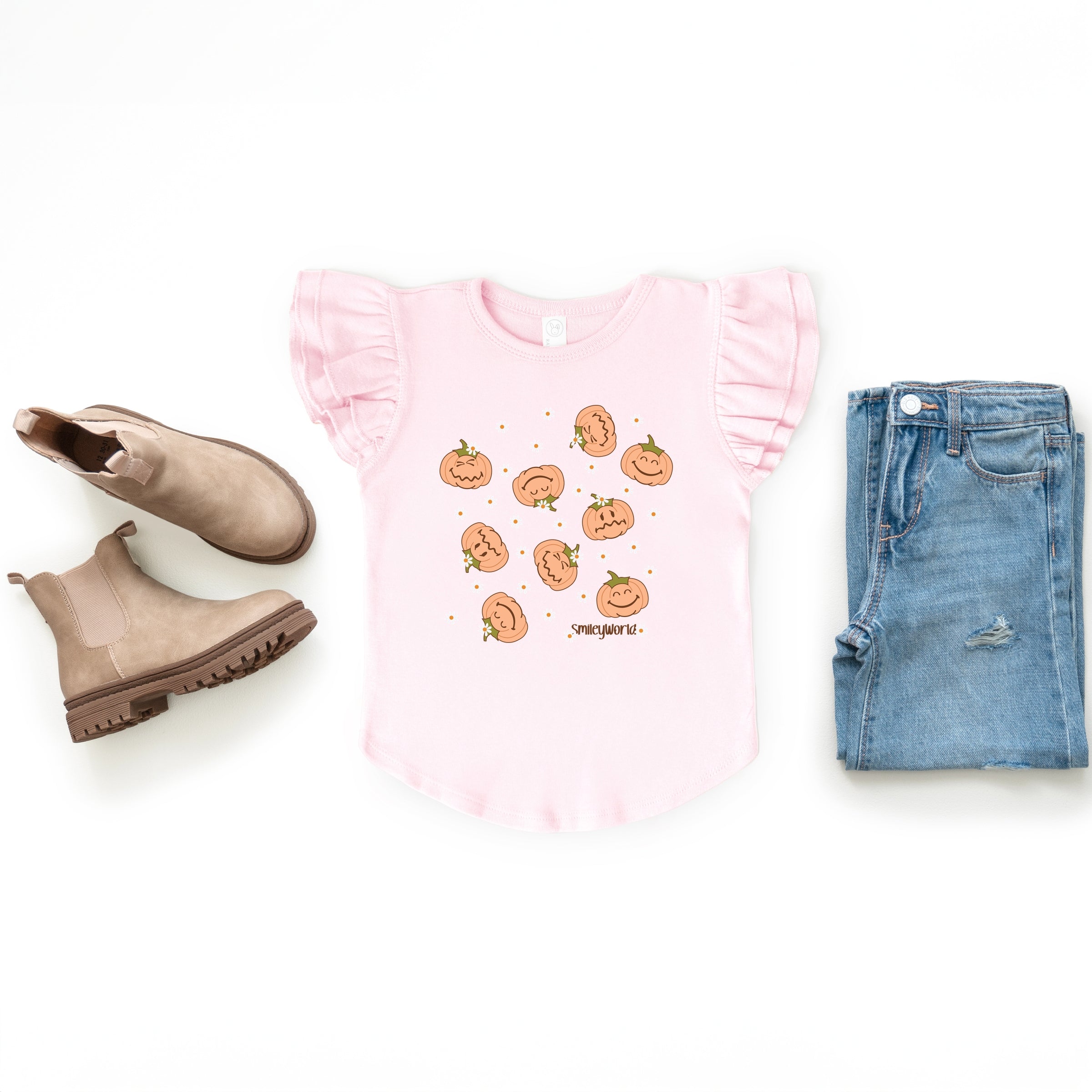 SmileyWorld Pumpkin Collage Daisies - Flutter Sleeve Graphic T-Shirt