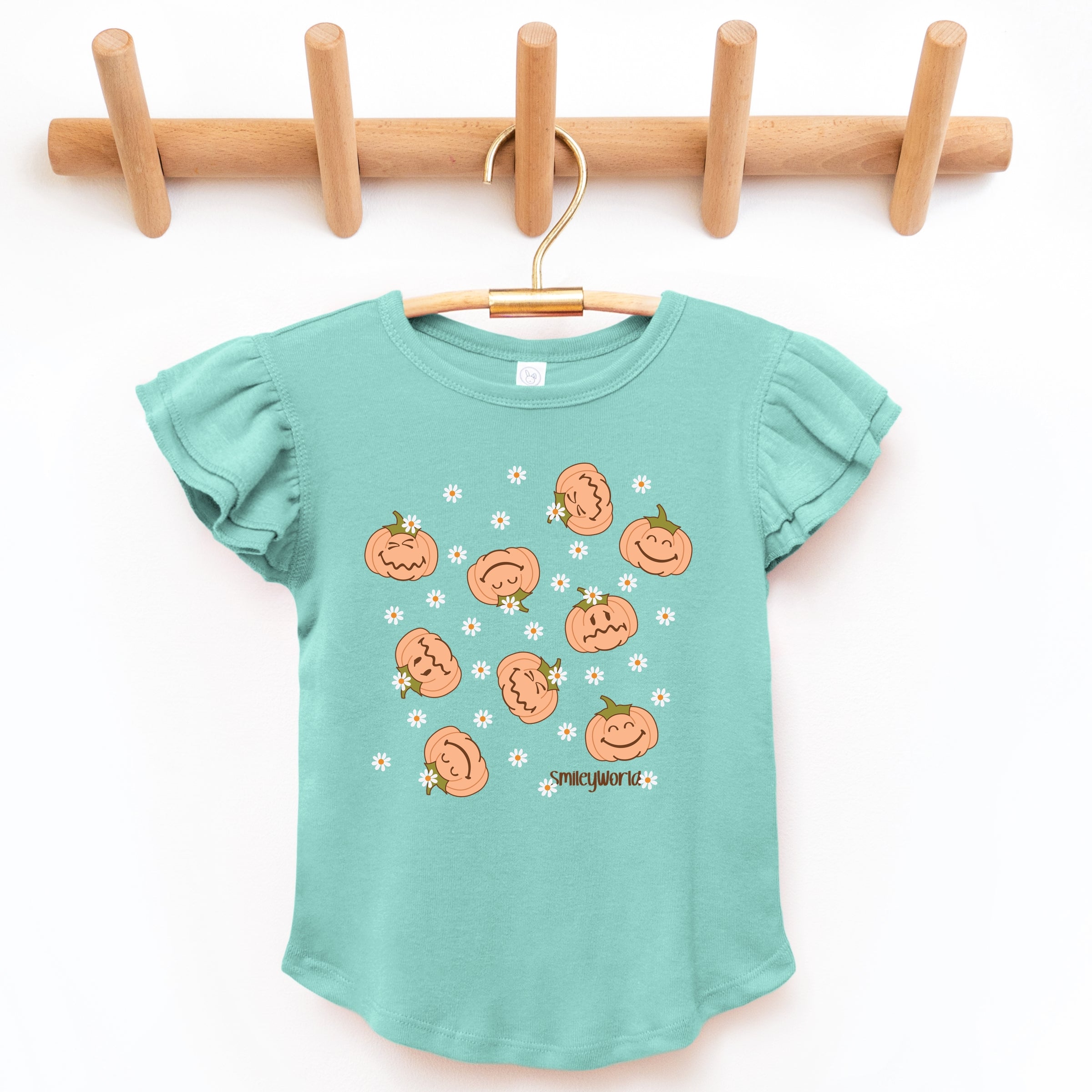 SmileyWorld Pumpkin Collage Daisies - Flutter Sleeve Graphic T-Shirt