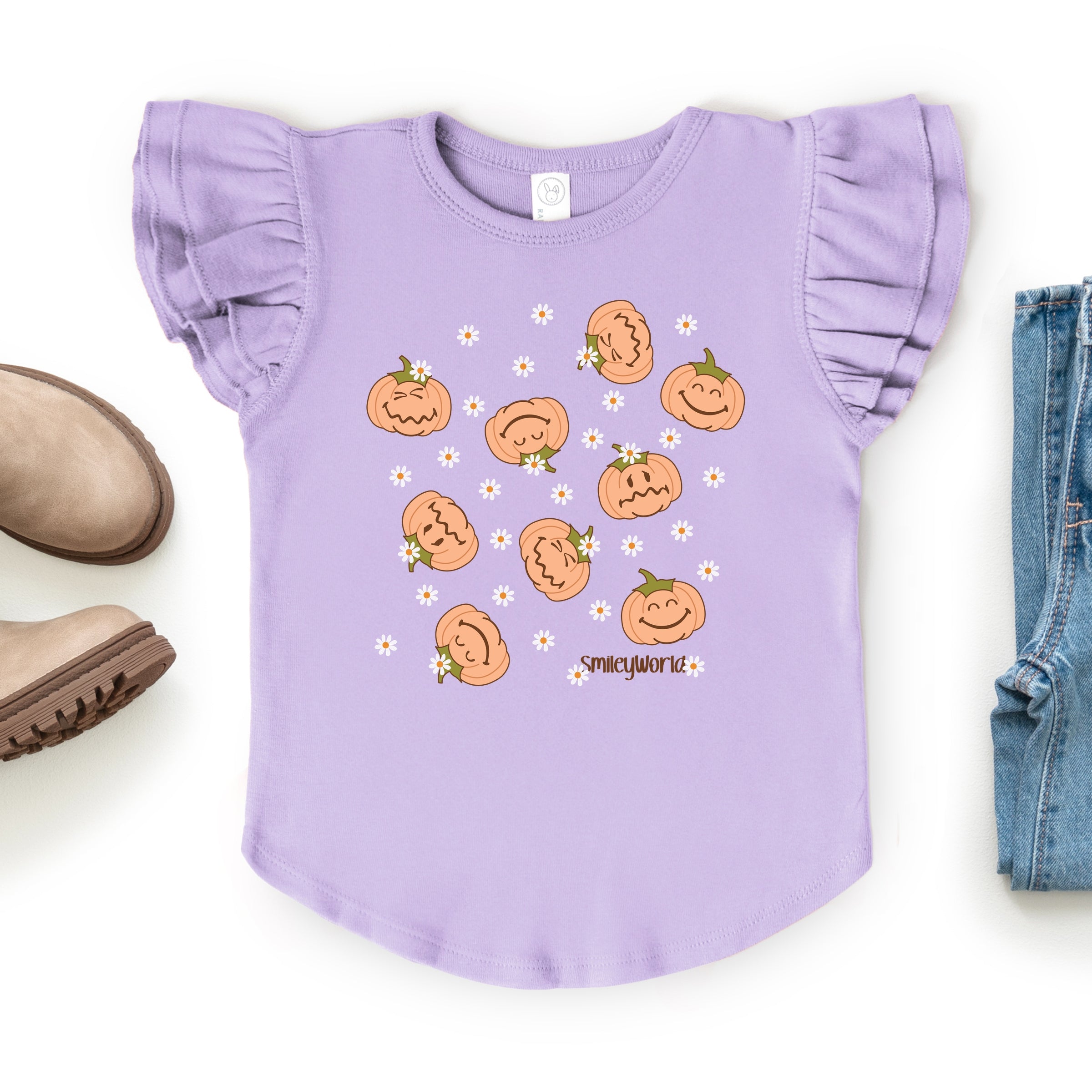 SmileyWorld Pumpkin Collage Daisies - Flutter Sleeve Graphic T-Shirt