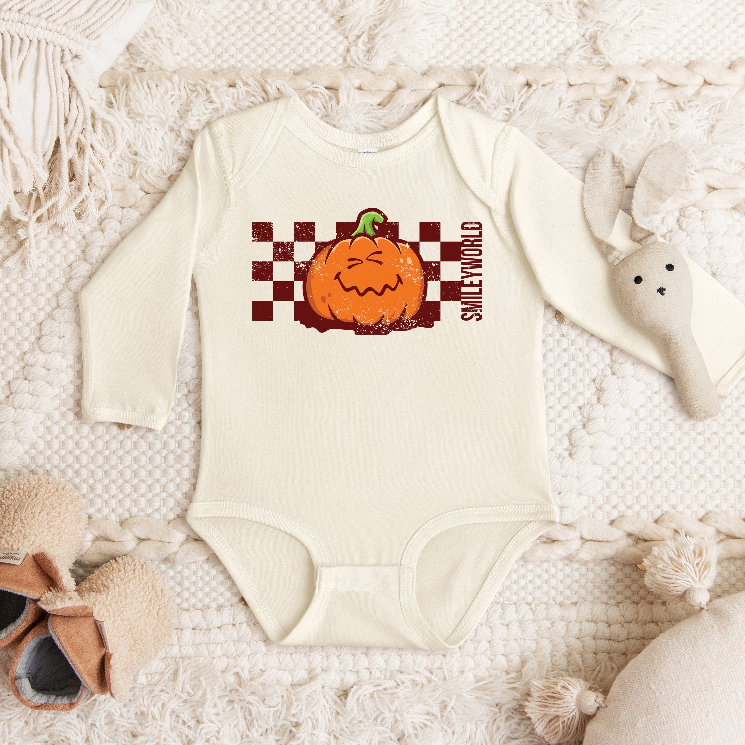 SmileyWorld Pumpkin Face Checkered - Baby Long Sleeve Bodysuit