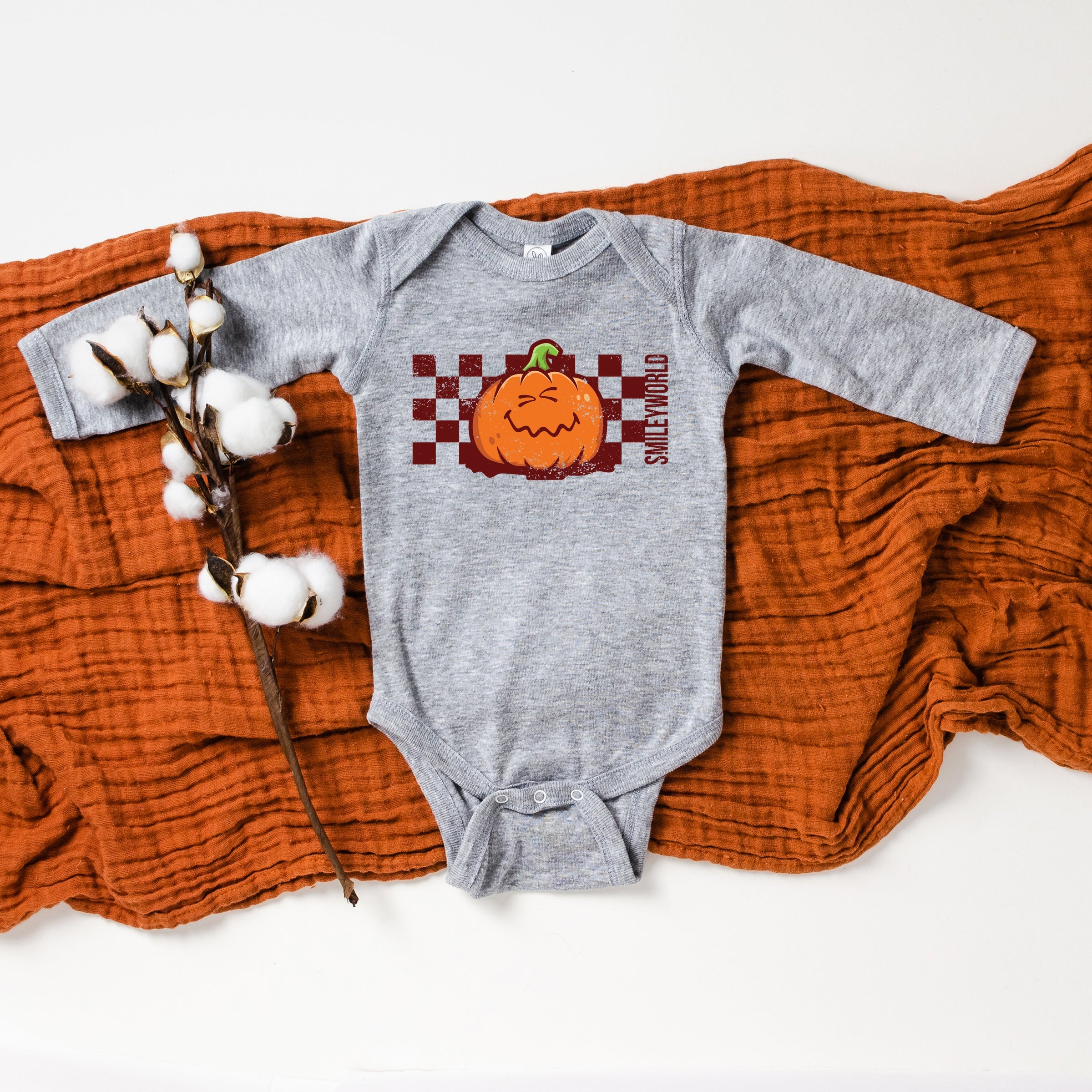 SmileyWorld Pumpkin Face Checkered - Baby Long Sleeve Bodysuit