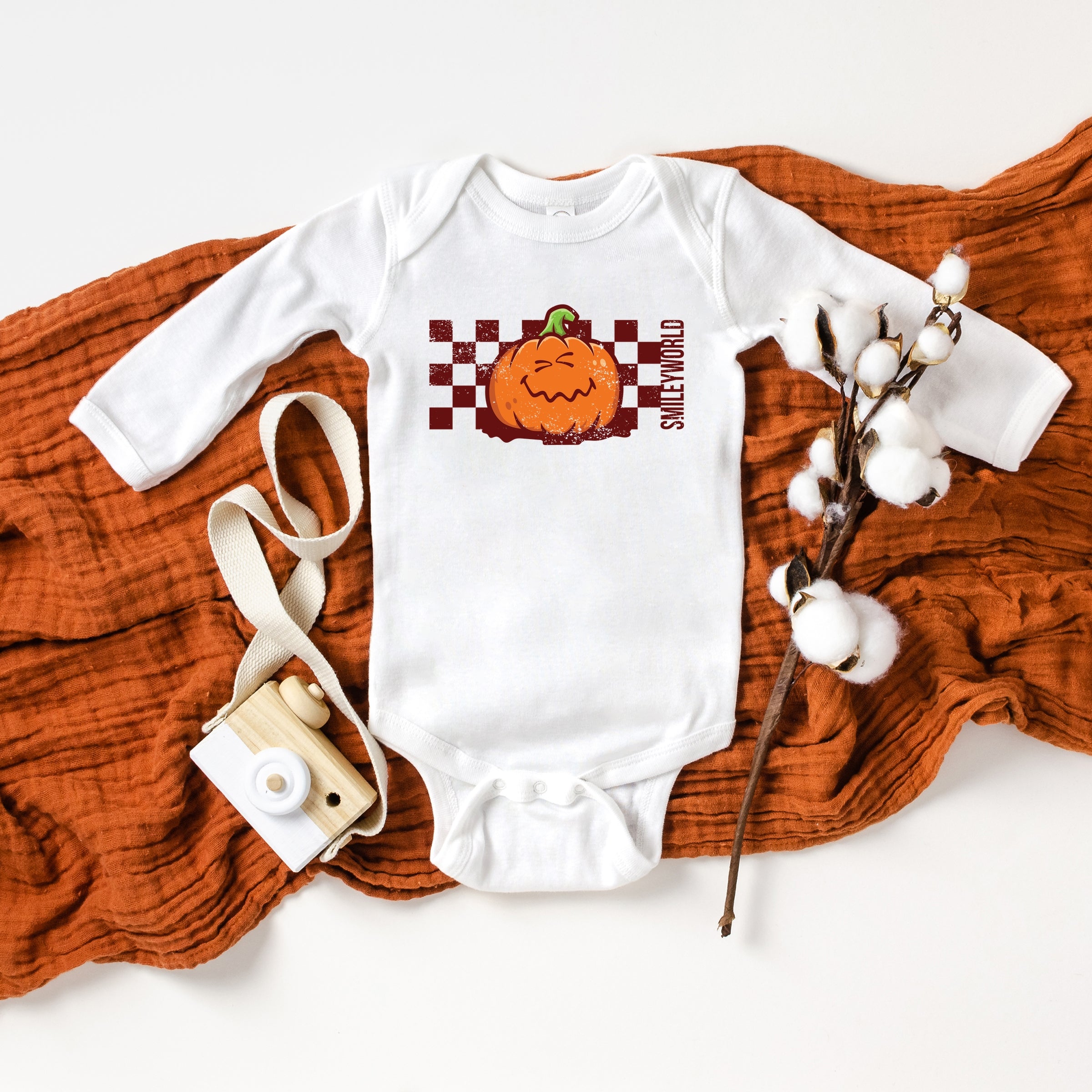 SmileyWorld Pumpkin Face Checkered - Baby Long Sleeve Bodysuit