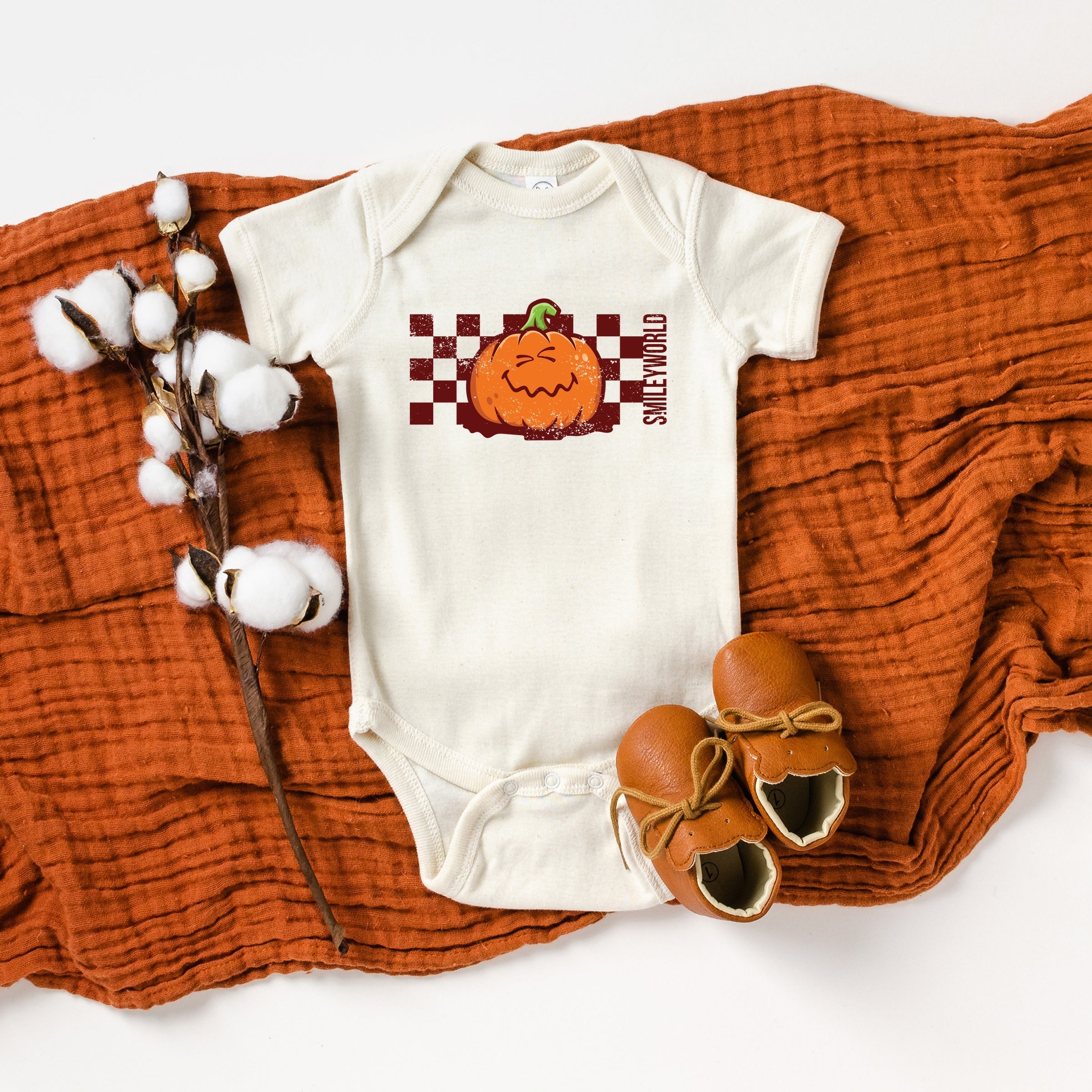 SmileyWorld Pumpkin Face Checkered - Baby Short Sleeve Graphic Bodysuit