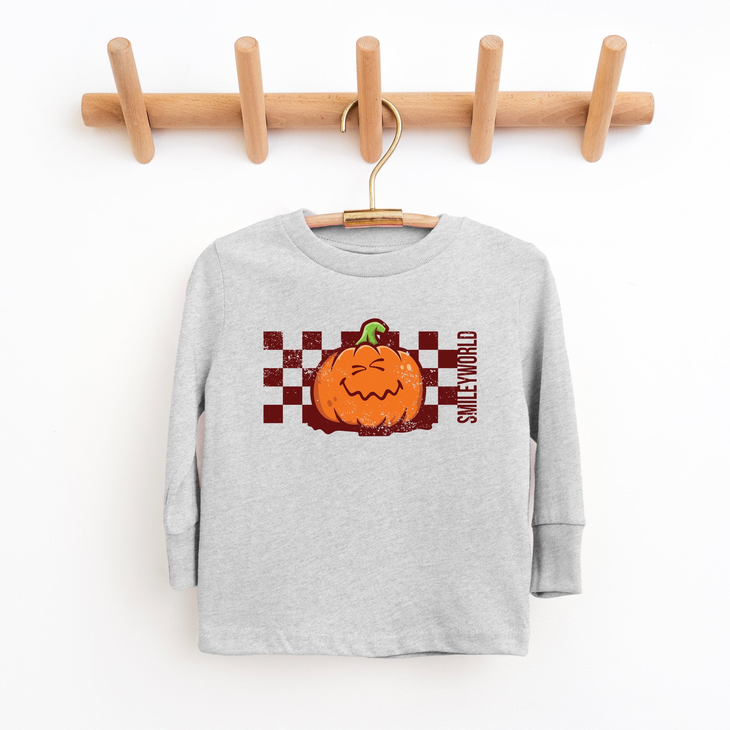 SmileyWorld Pumpkin Face Checkered - Toddler Long Sleeve Graphic Tee and Youth Long Sleeve Graphic T-Shirt