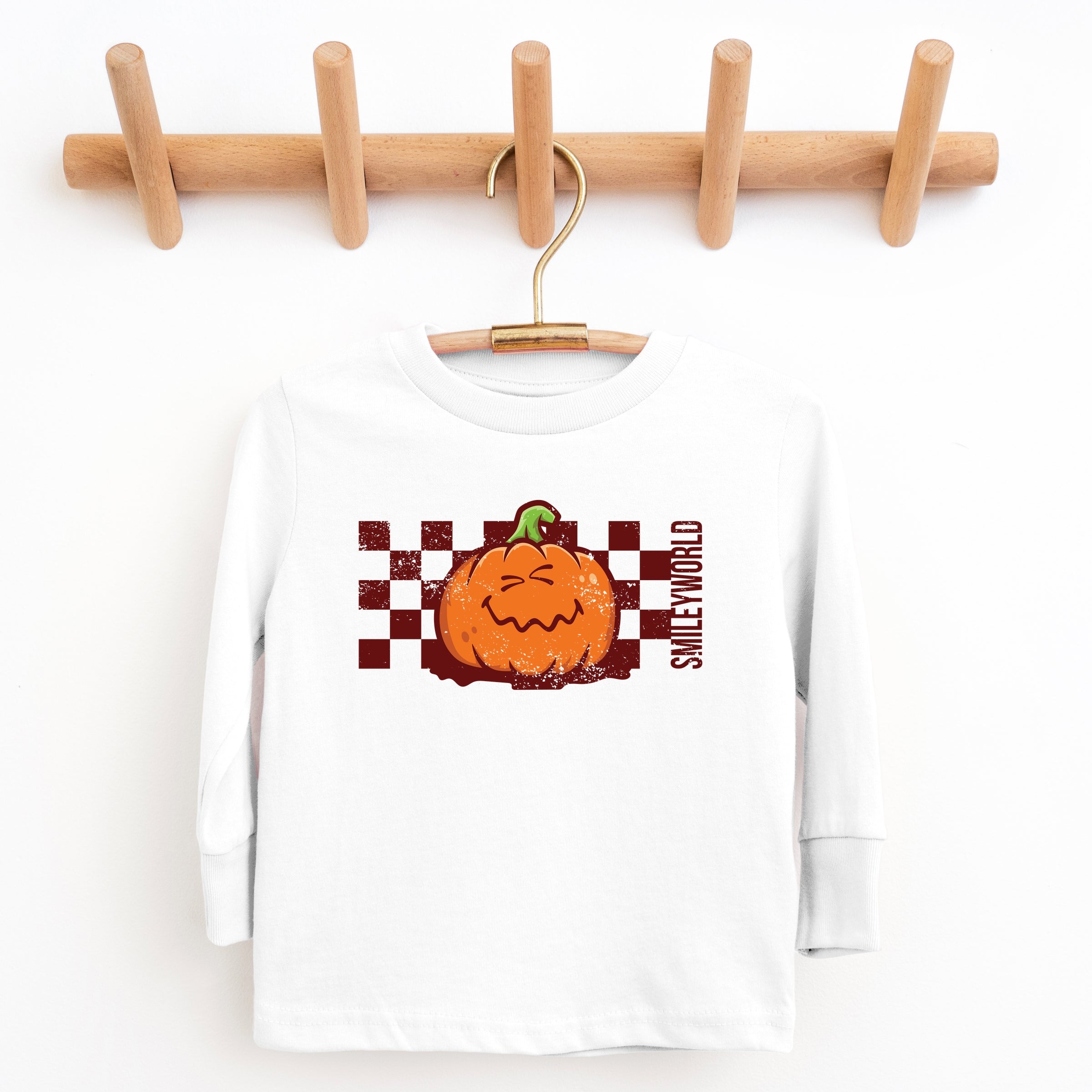 SmileyWorld Pumpkin Face Checkered - Toddler Long Sleeve Graphic Tee and Youth Long Sleeve Graphic T-Shirt