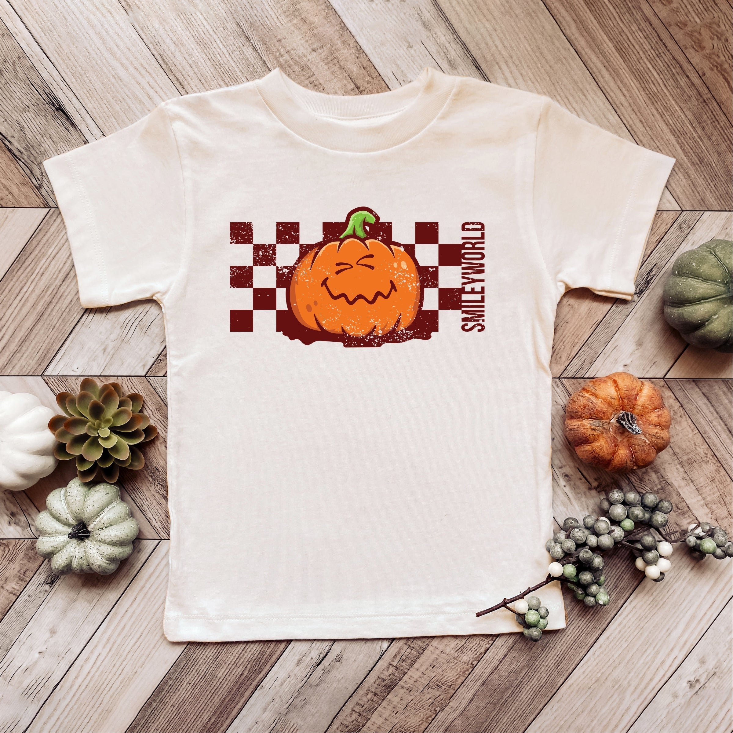 SmileyWorld Pumpkin Face Checkered - Youth Short Sleeve Graphic T-Shirt and Toddler Short Sleeve Graphic T-Shirt