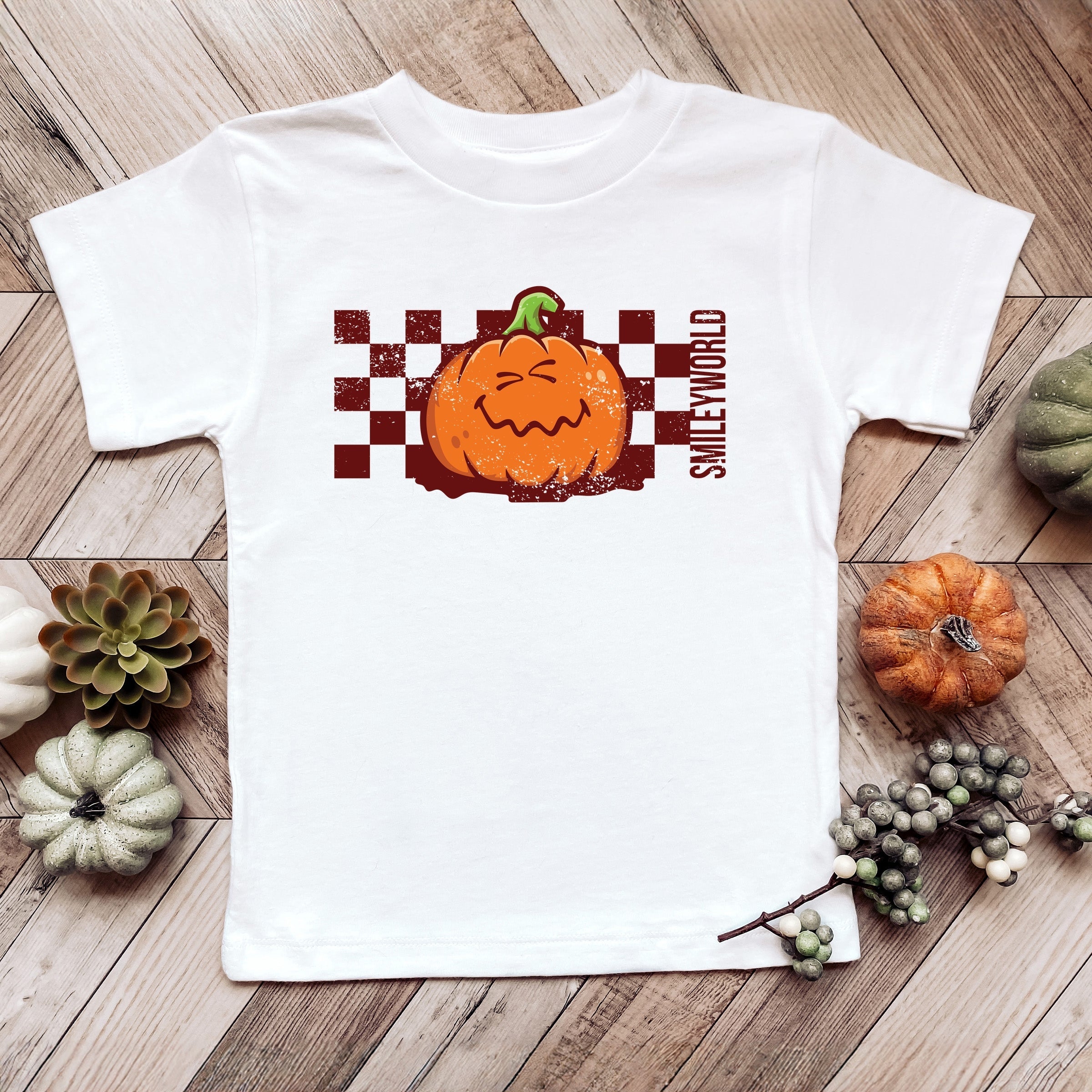 SmileyWorld Pumpkin Face Checkered - Youth Short Sleeve Graphic T-Shirt and Toddler Short Sleeve Graphic T-Shirt