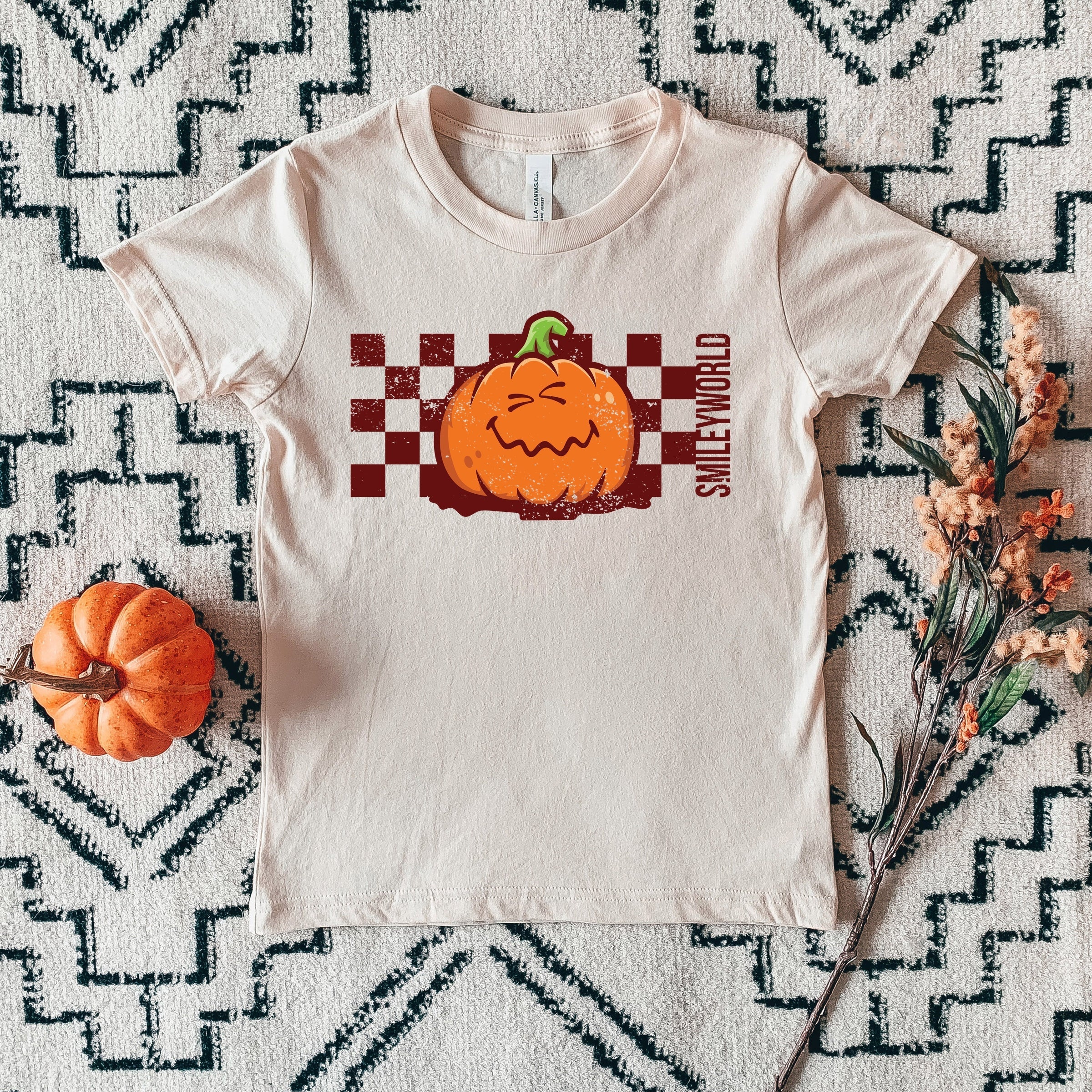 SmileyWorld Pumpkin Face Checkered - Youth Short Sleeve Graphic T-Shirt and Toddler Short Sleeve Graphic T-Shirt