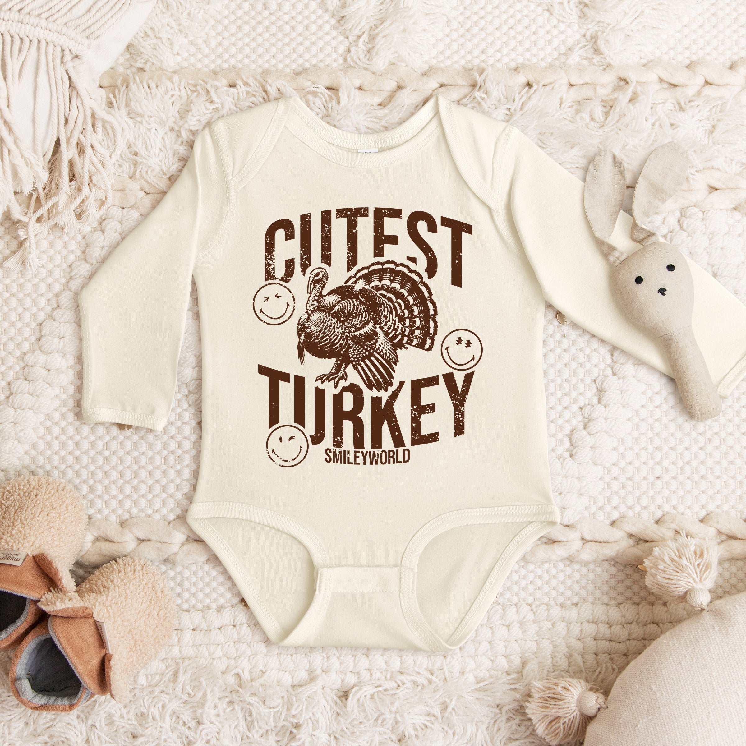 SmileyWorld Cutest Turkey Distressed - Baby Long Sleeve Bodysuit