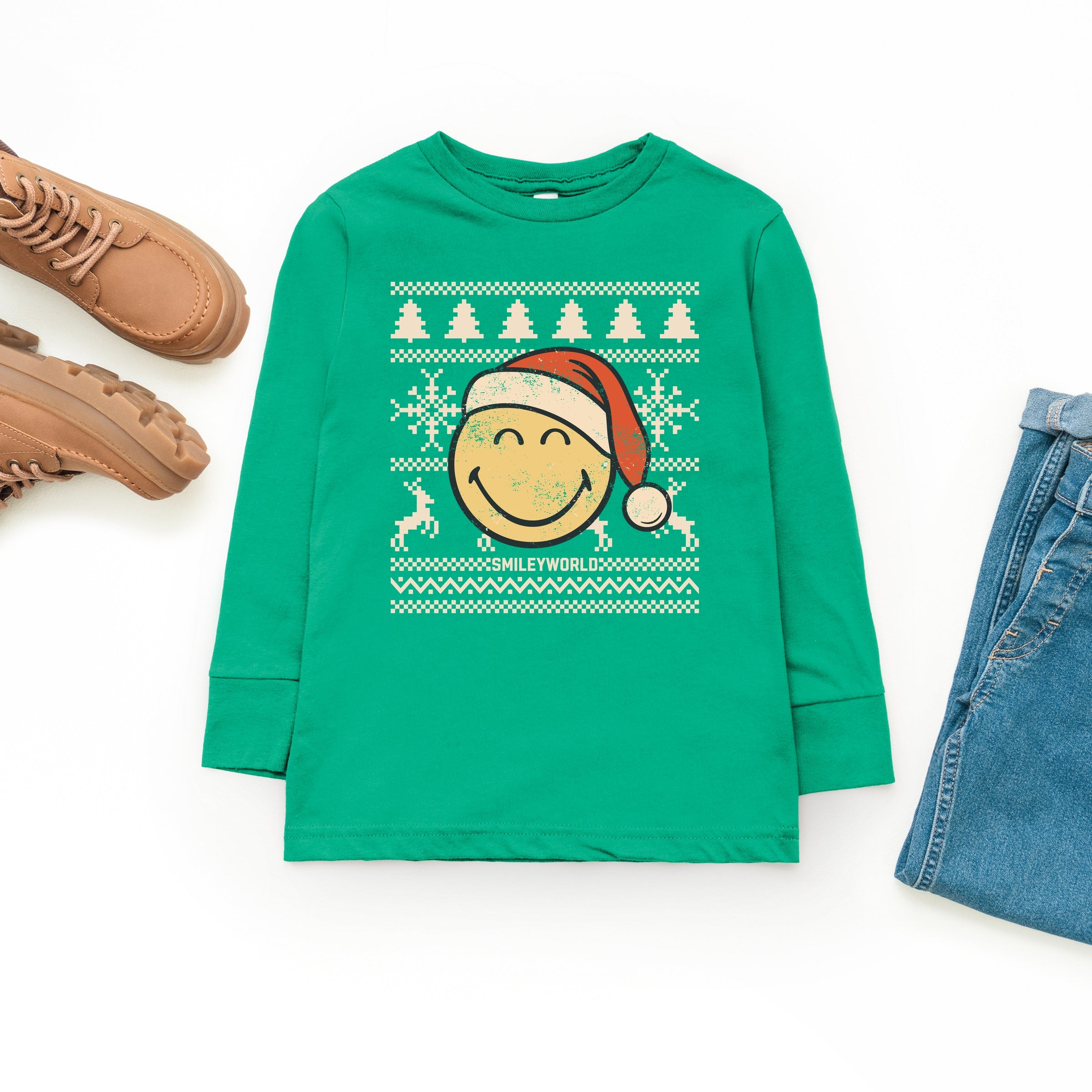 SmileyWorld Ugly Christmas Sweater Distressed - Youth Long Sleeve Graphic T-Shirt