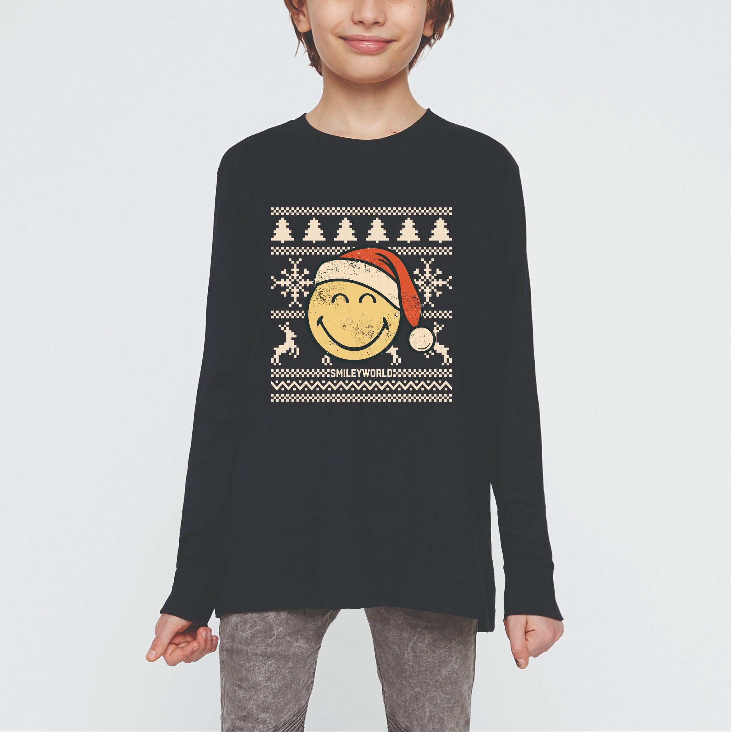 SmileyWorld Ugly Christmas Sweater Distressed - Youth Long Sleeve Graphic T-Shirt