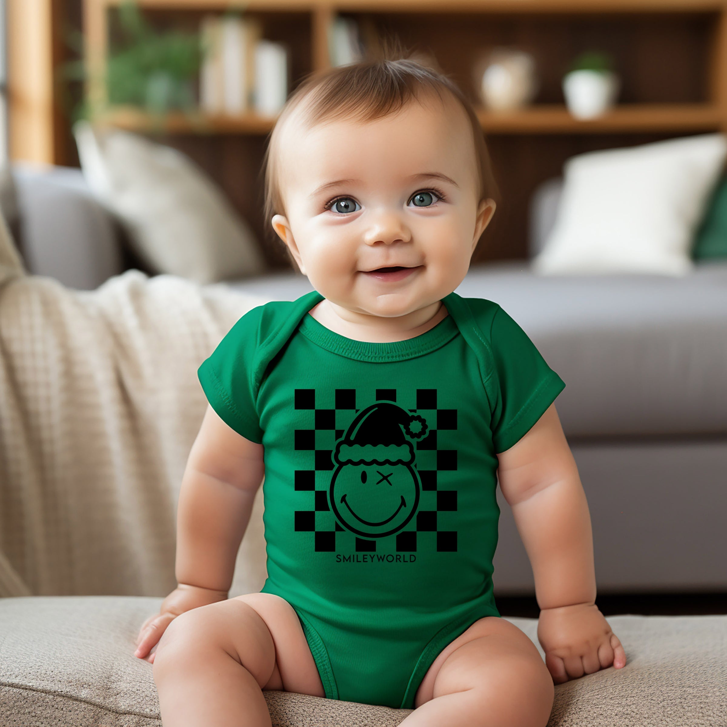 SmileyWorld Checkered Christmas Wink - Baby Short Sleeve Graphic Bodysuit