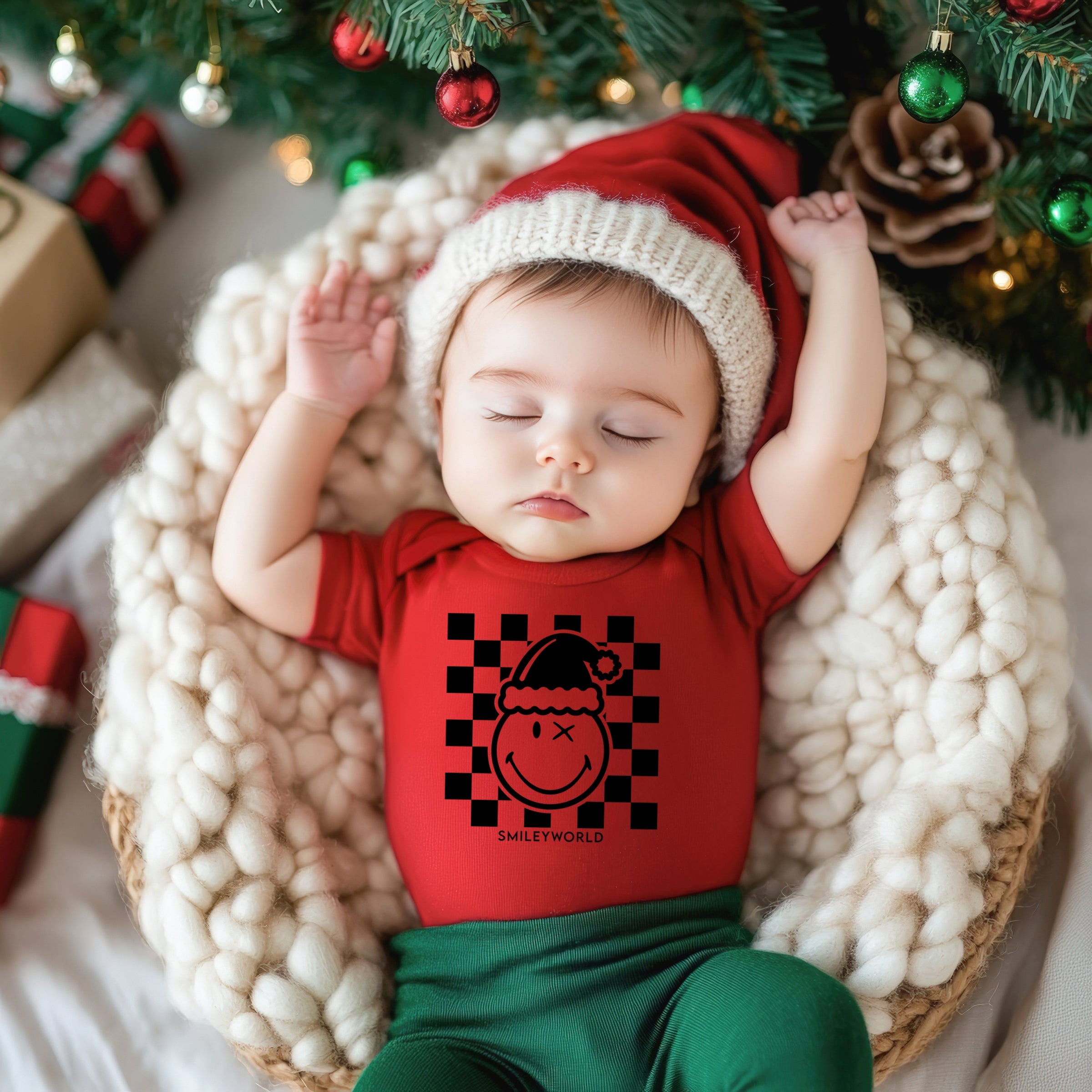 SmileyWorld Checkered Christmas Wink - Baby Short Sleeve Graphic Bodysuit