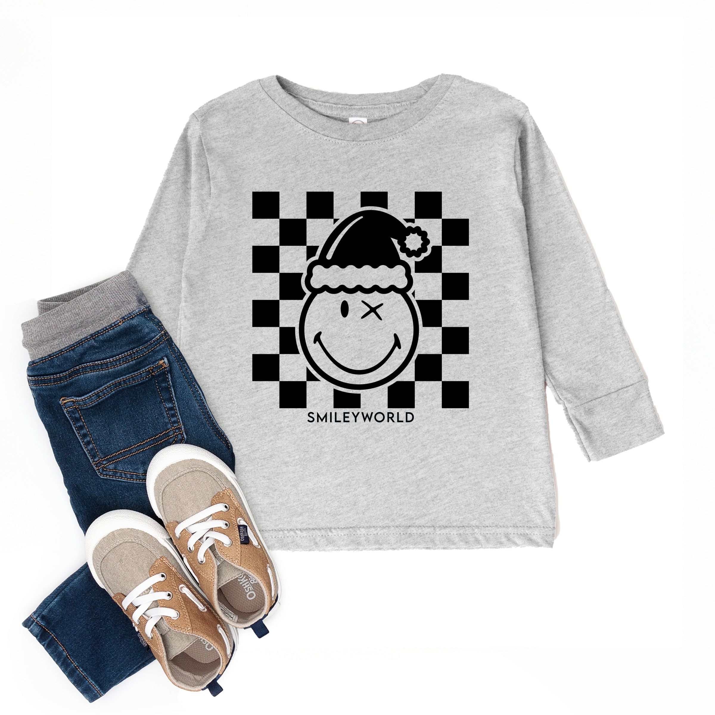 SmileyWorld Checkered Christmas Wink - Toddler Long Sleeve Graphic Tee