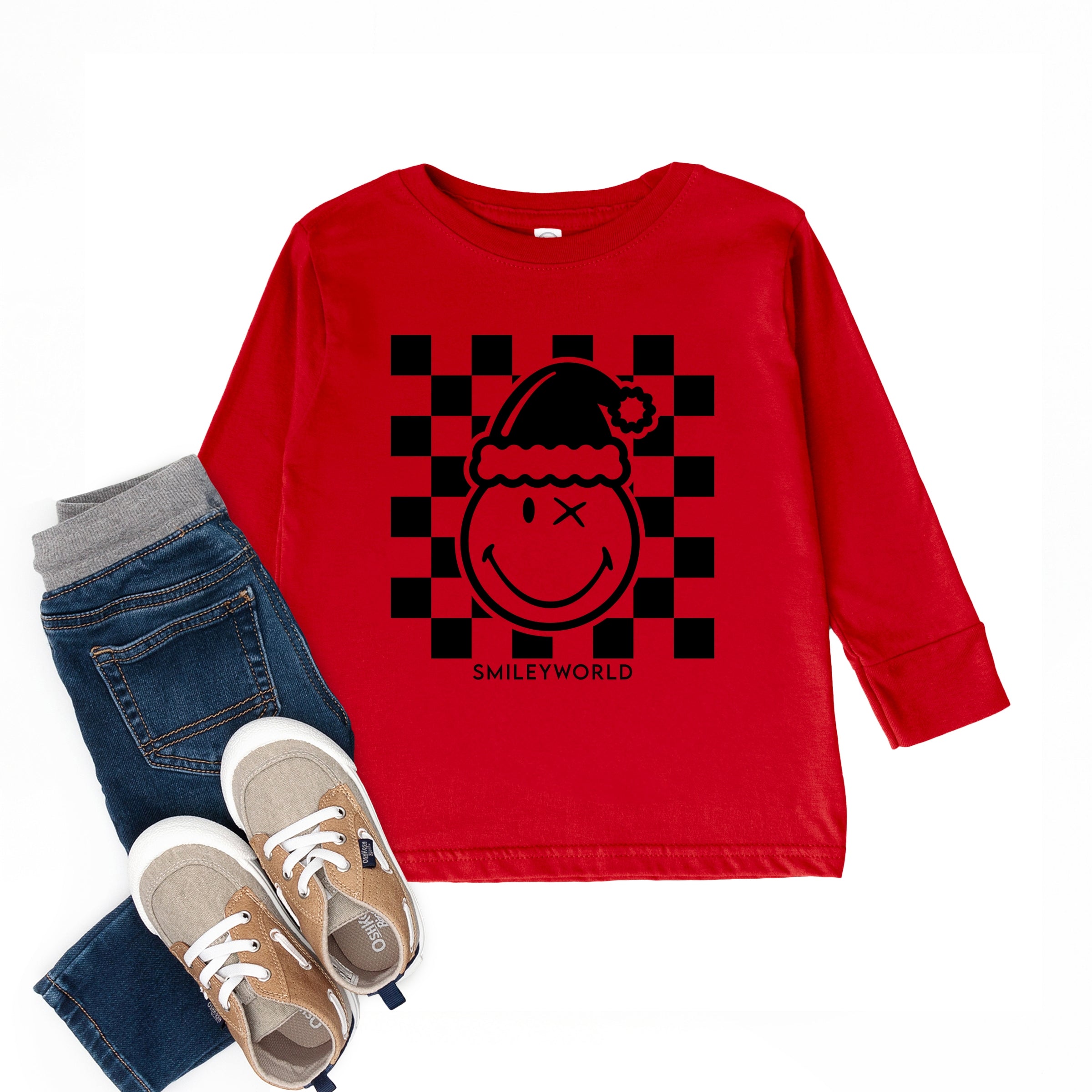 SmileyWorld Checkered Christmas Wink - Toddler Long Sleeve Graphic Tee