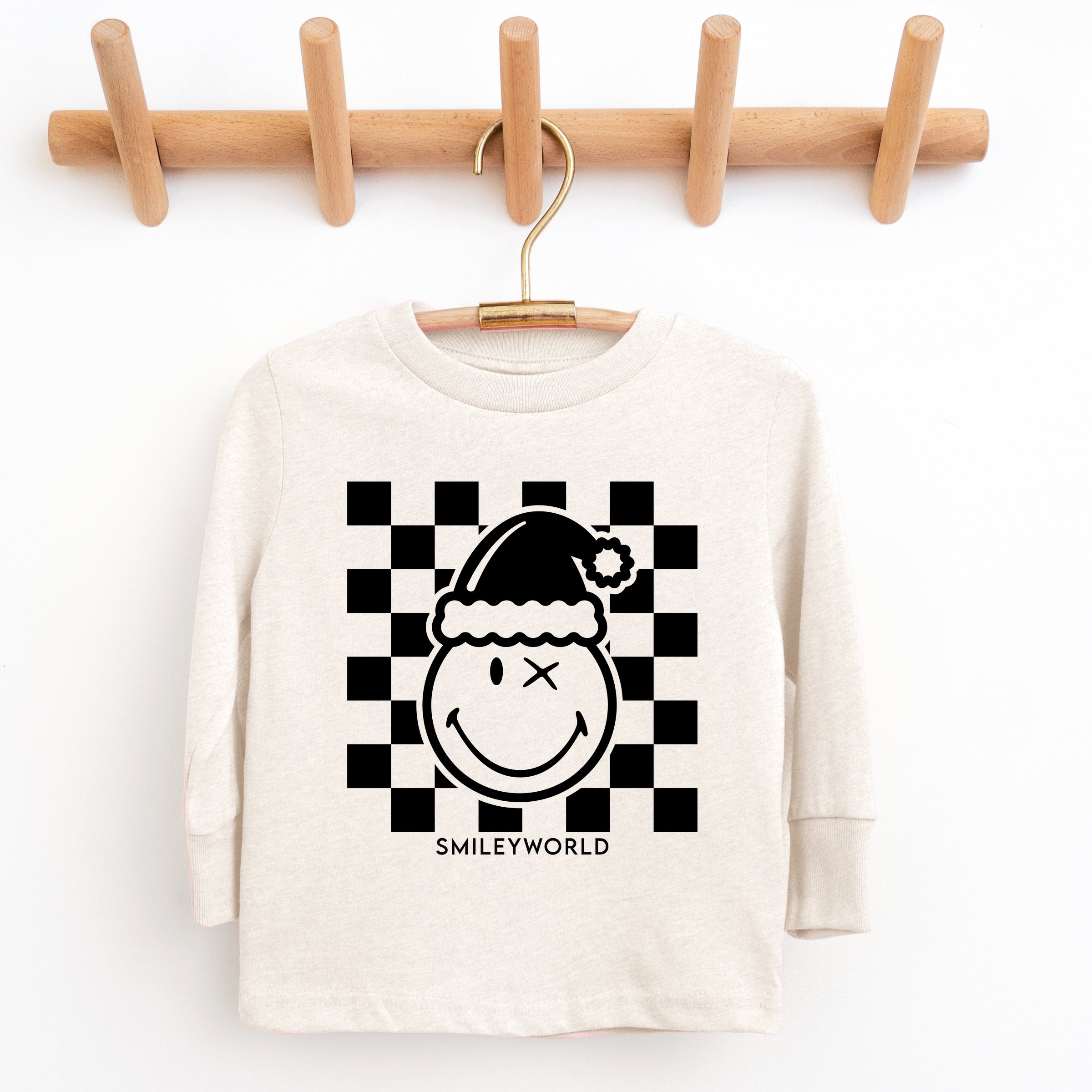 SmileyWorld Checkered Christmas Wink - Youth Long Sleeve Graphic T-Shirt