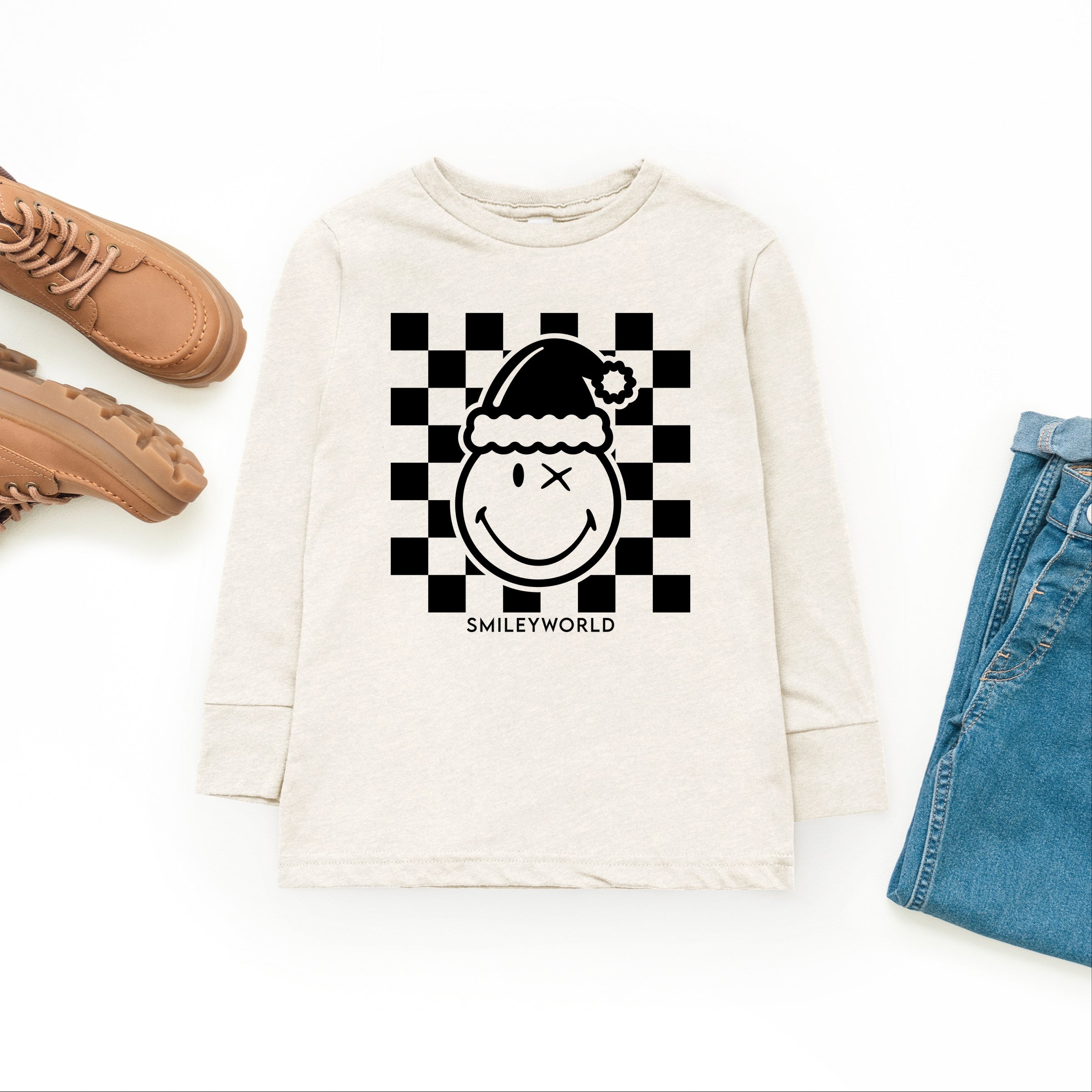 SmileyWorld Checkered Christmas Wink - Youth Long Sleeve Graphic T-Shirt