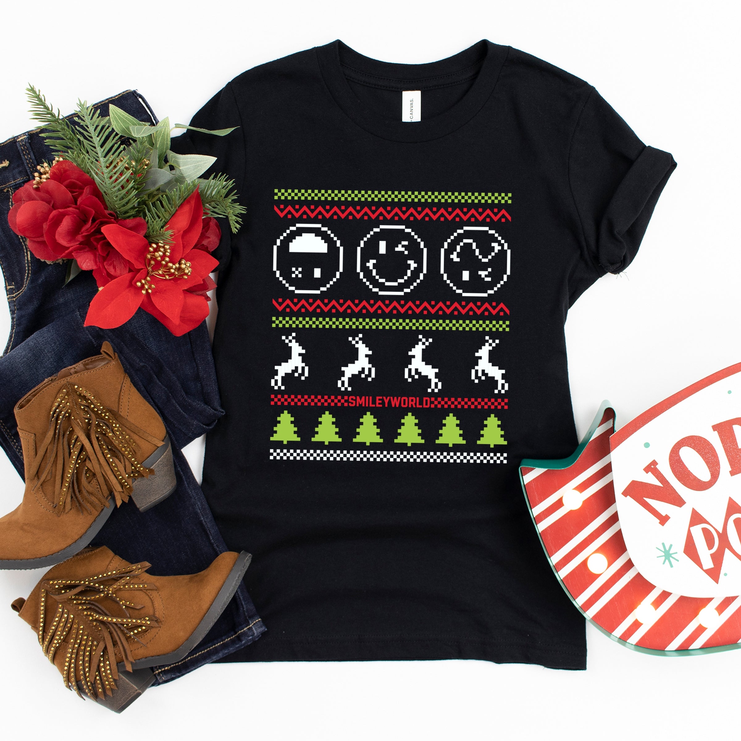 SmileyWorld Ugly Christmas Sweater Pixels - Youth Short Sleeve Graphic T-Shirt