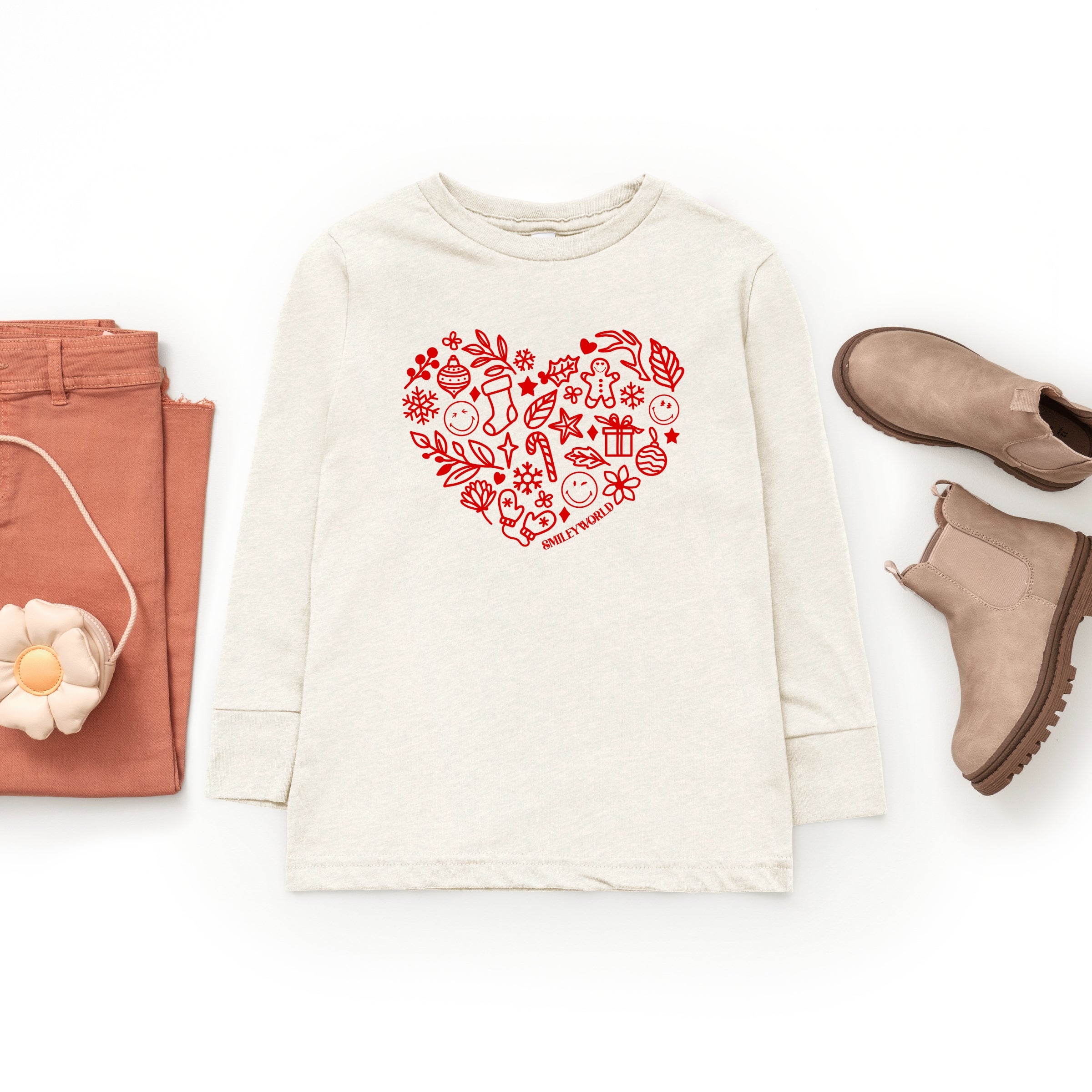 SmileyWorld Christmas Outline Heart - Youth Long Sleeve Graphic T-Shirt