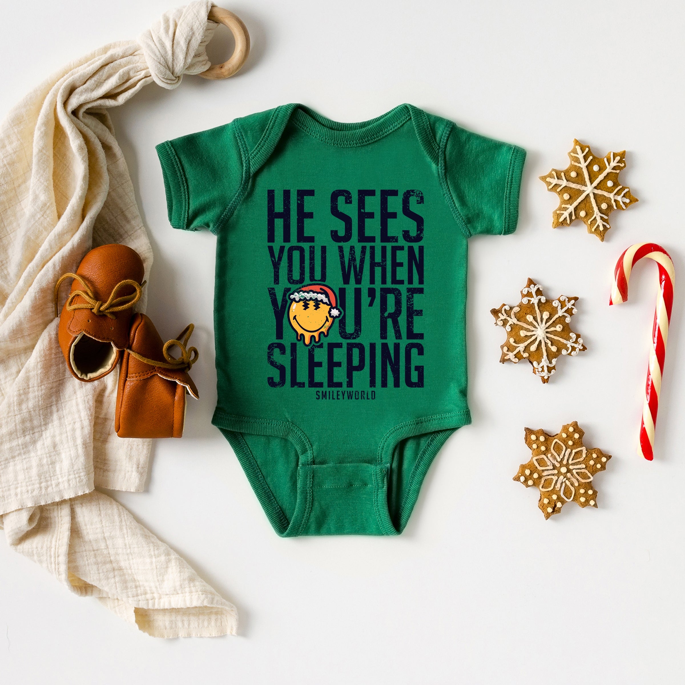 SmileyWorld He Sees You When You're Sleeping - Baby Short Sleeve Graphic Bodysuit