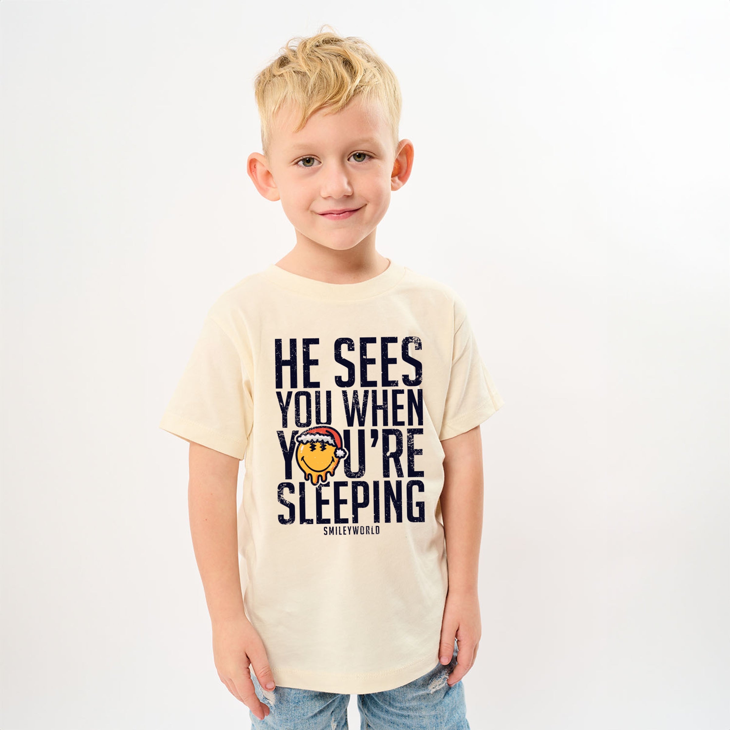 SmileyWorld He Sees You When You're Sleeping - Youth Short Sleeve Graphic T-Shirt