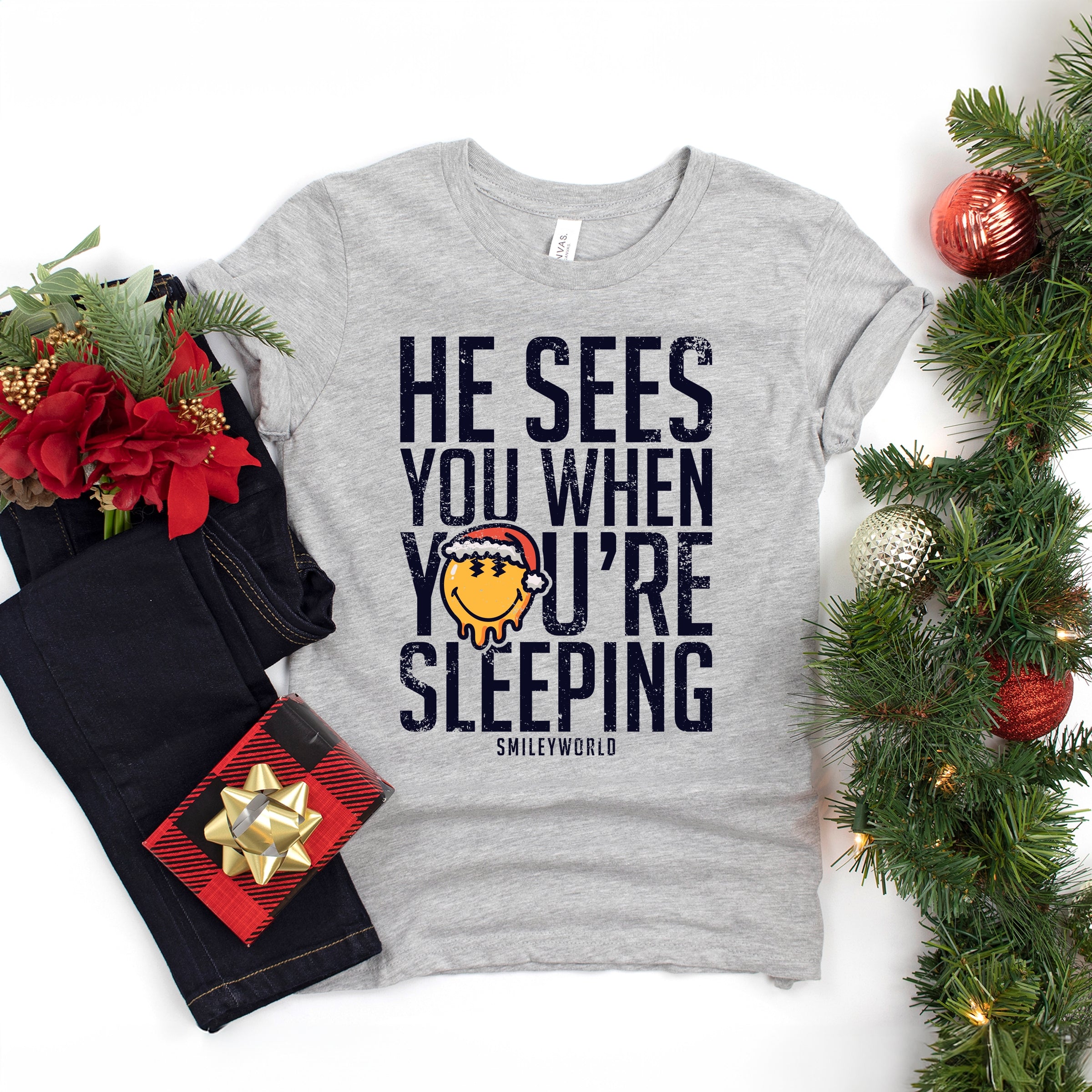 SmileyWorld He Sees You When You're Sleeping - Youth Short Sleeve Graphic T-Shirt