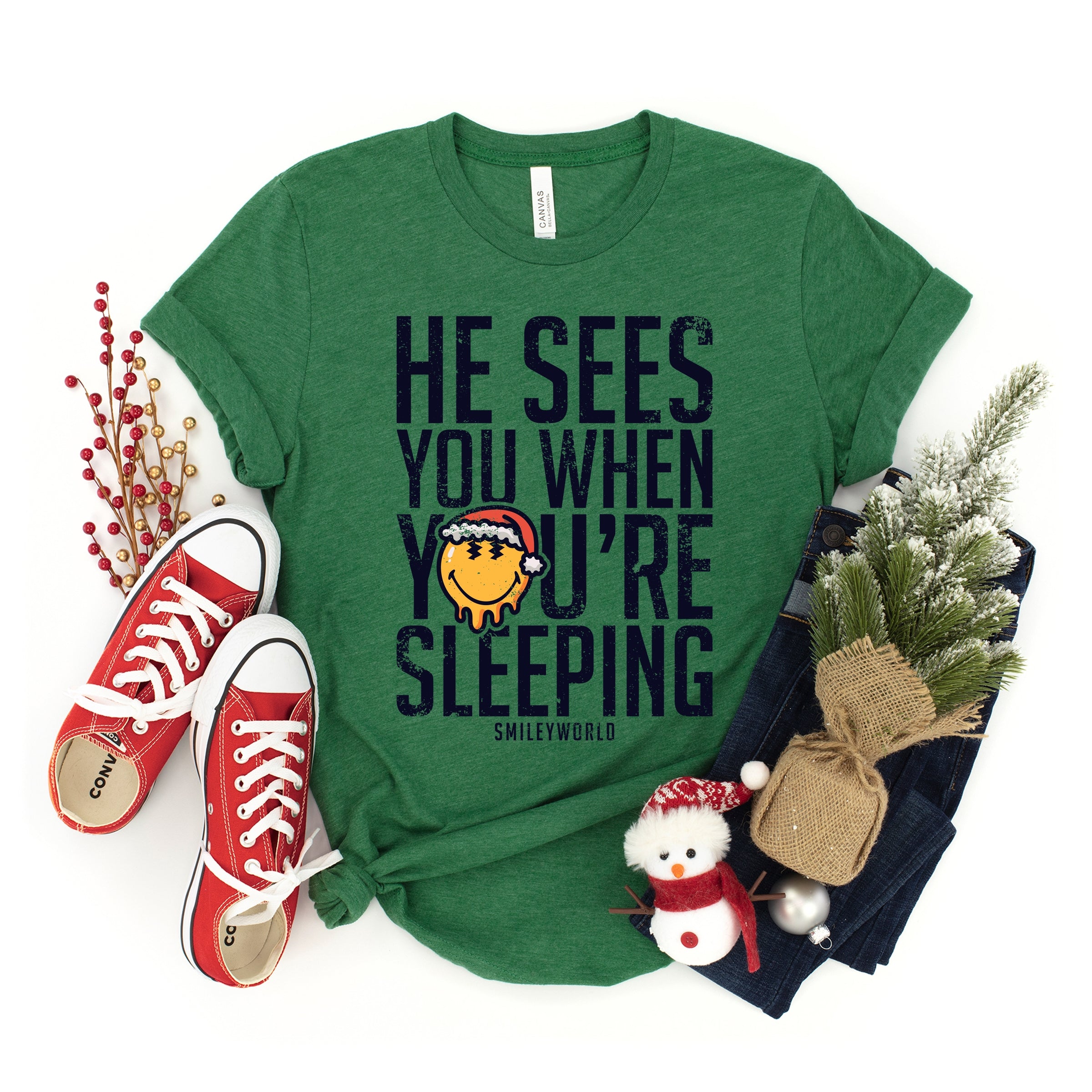 SmileyWorld He Sees You When You're Sleeping - Youth Short Sleeve Graphic T-Shirt