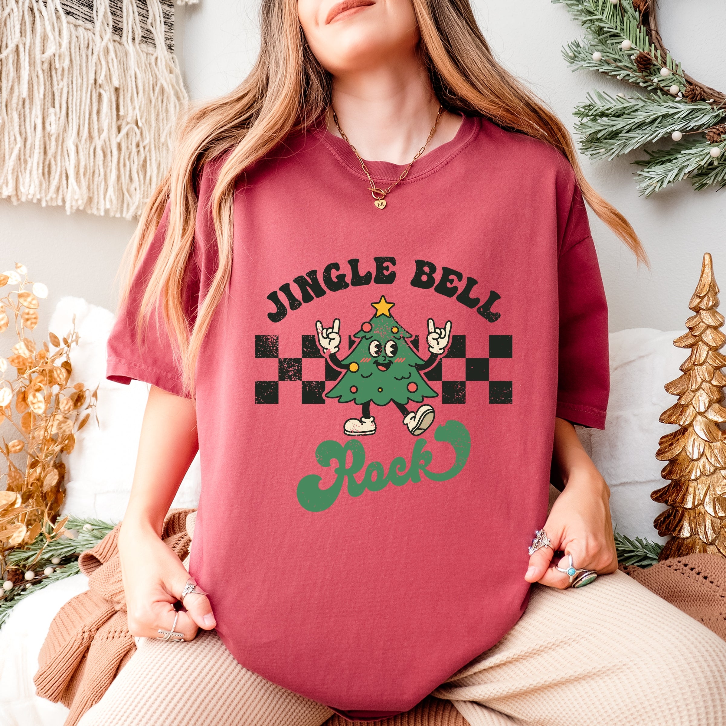 Jingle Bell Rock Checkered Tree - Womens Garment Dyed Tee
