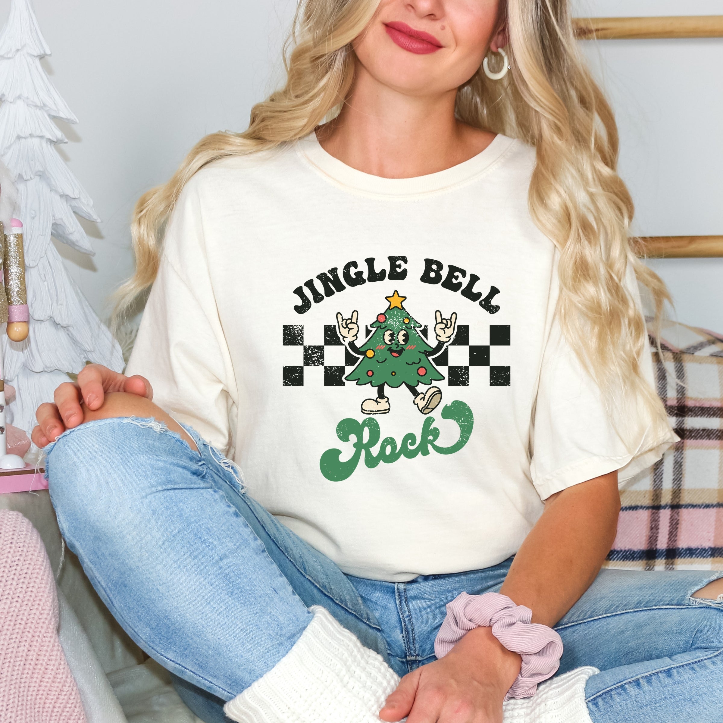 Jingle Bell Rock Checkered Tree - Womens Garment Dyed Tee