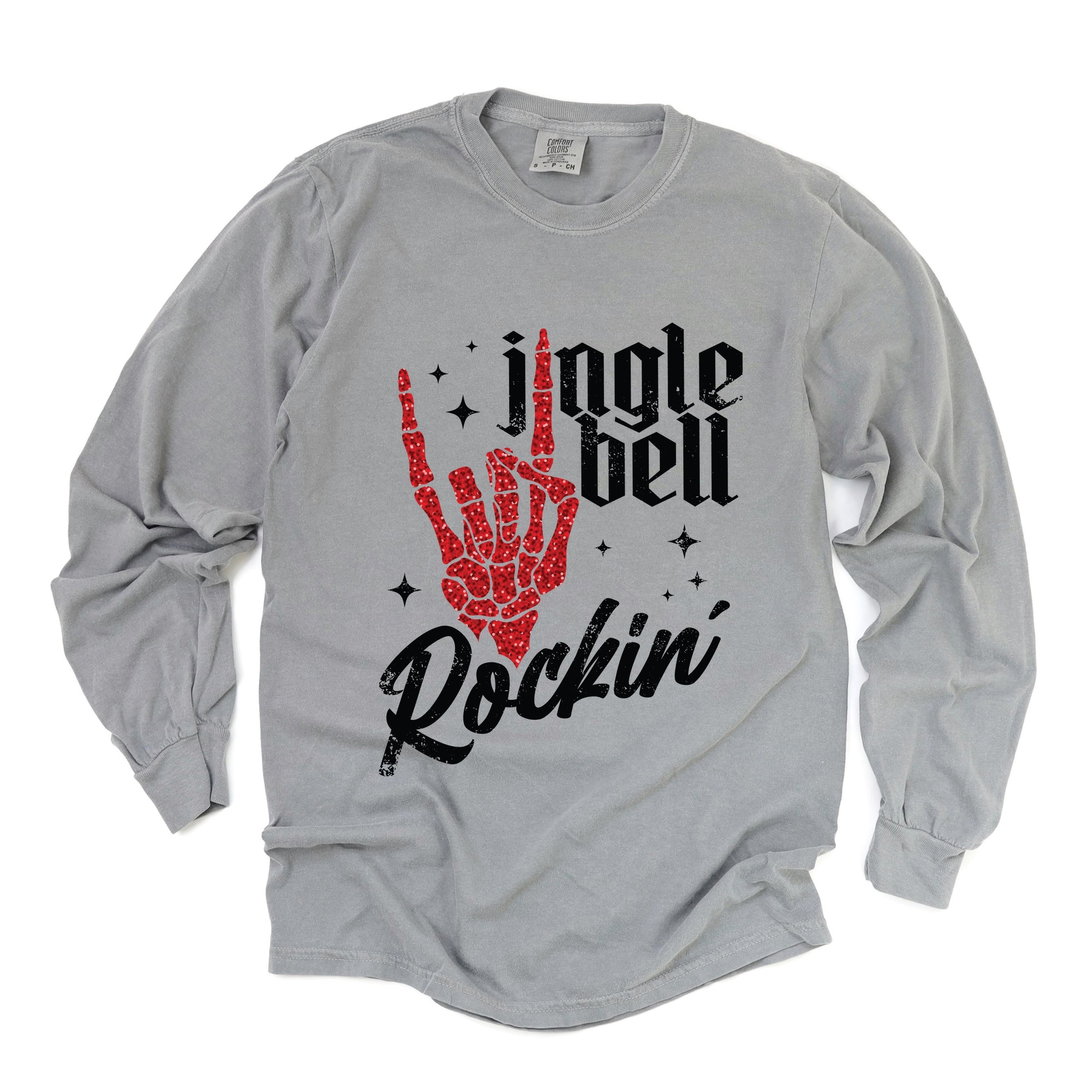 Jingle Bell Rockin' Skeleton Glitter - Womens Garment Dyed Long Sleeve