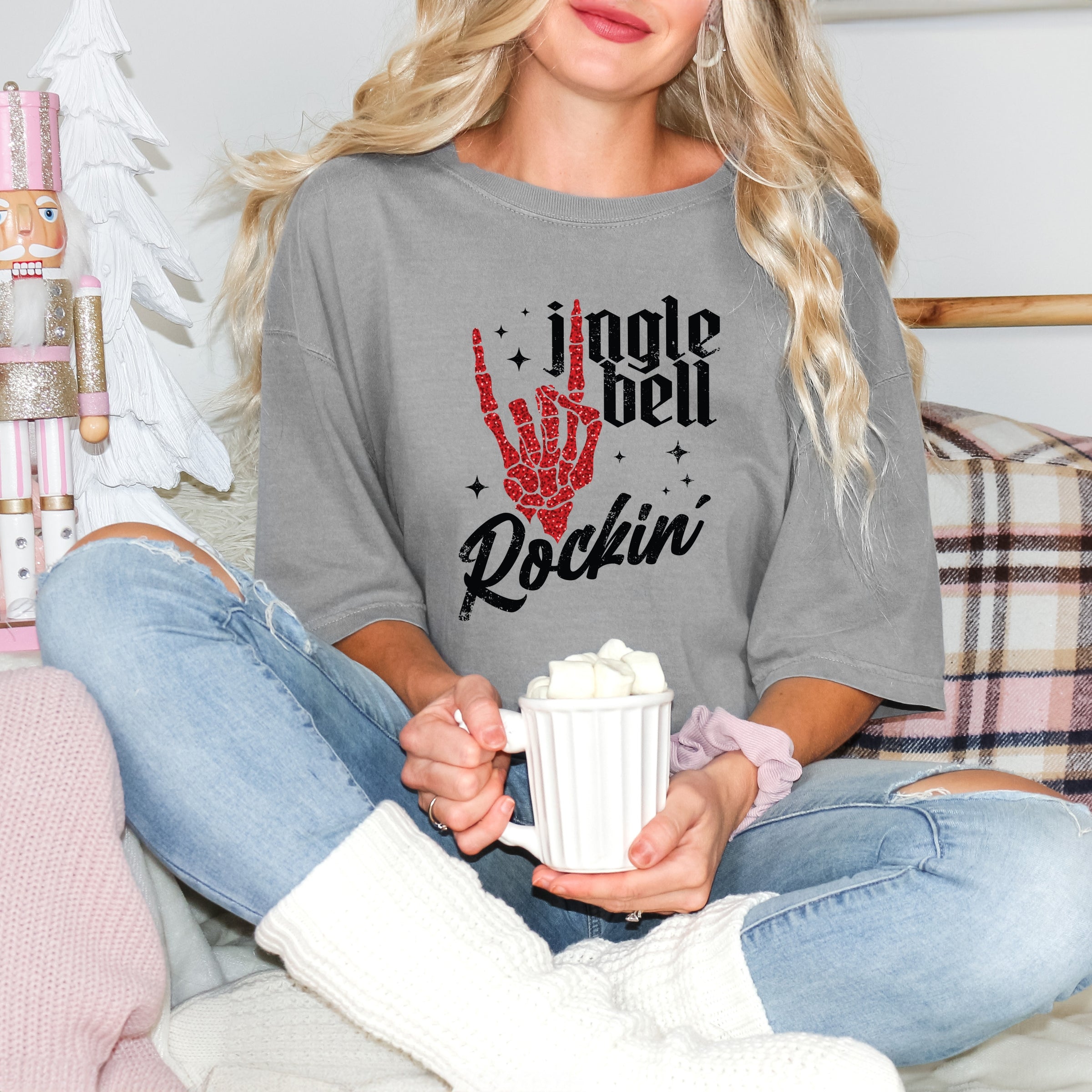 Jingle Bell Rockin' Skeleton Glitter - Womens Garment Dyed Tee